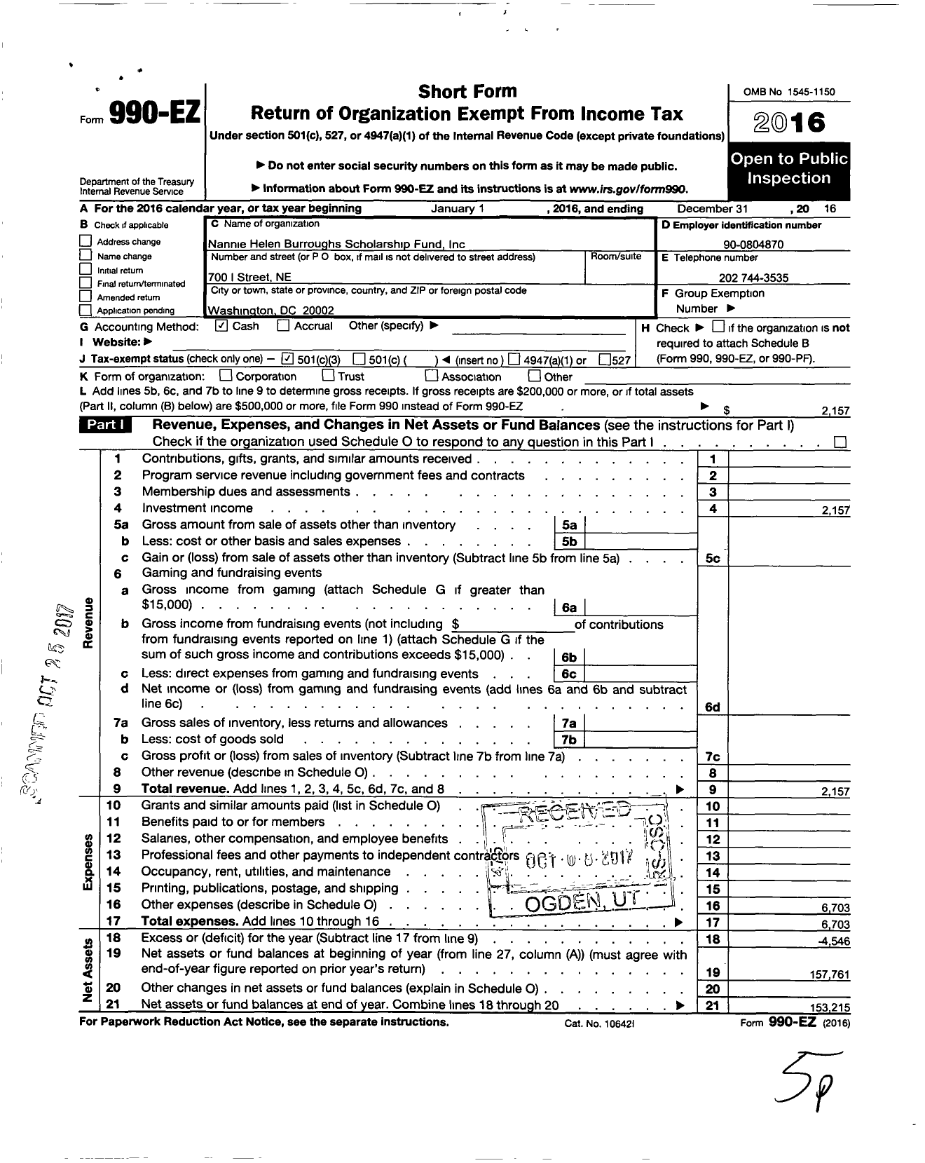 Image of first page of 2016 Form 990EZ for Nannie Helen Burroughs Scholarship Fund