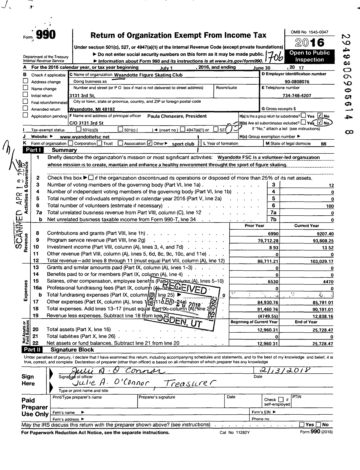 Image of first page of 2016 Form 990 for Wyandotte Figure Skating Club