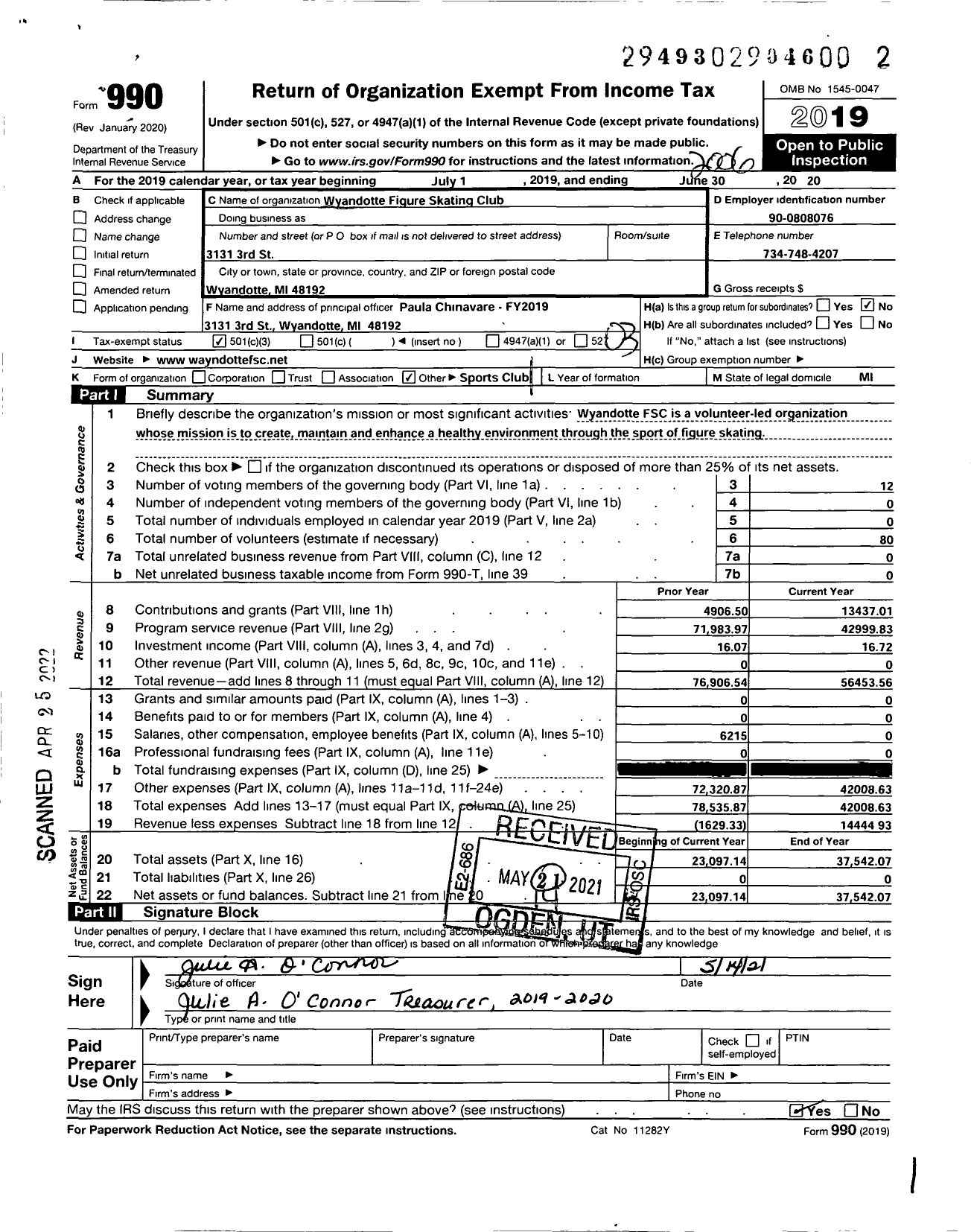 Image of first page of 2019 Form 990 for Wyandotte Figure Skating Club