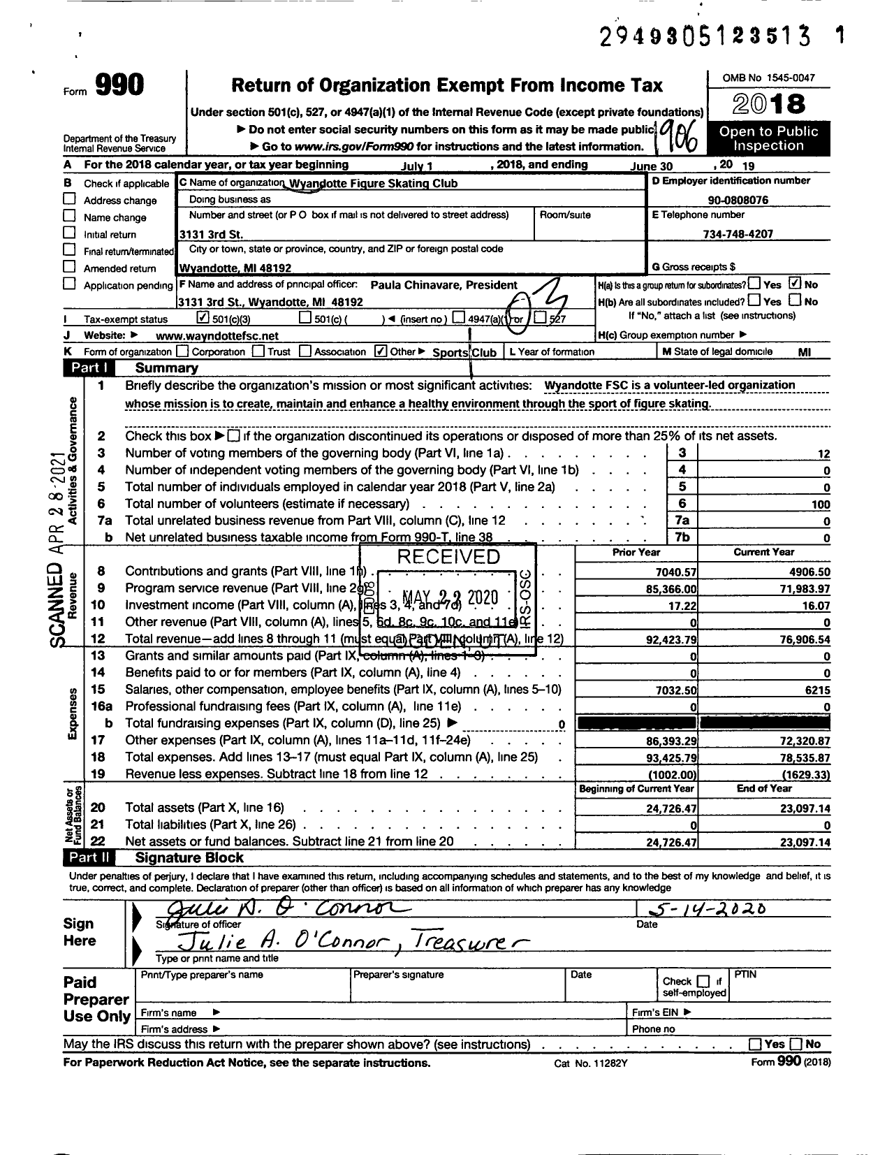 Image of first page of 2018 Form 990 for Wyandotte Figure Skating Club