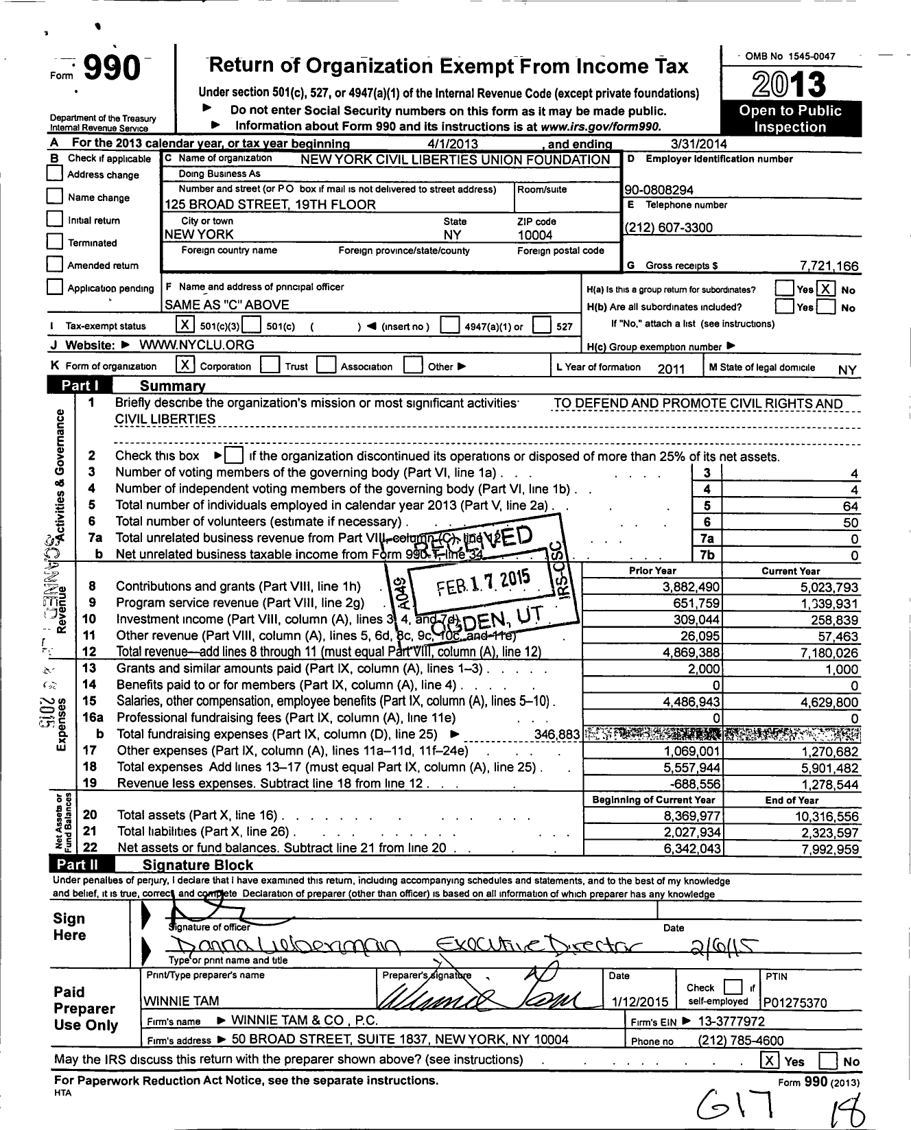 Image of first page of 2013 Form 990 for New York Civil Liberties Union Foundation