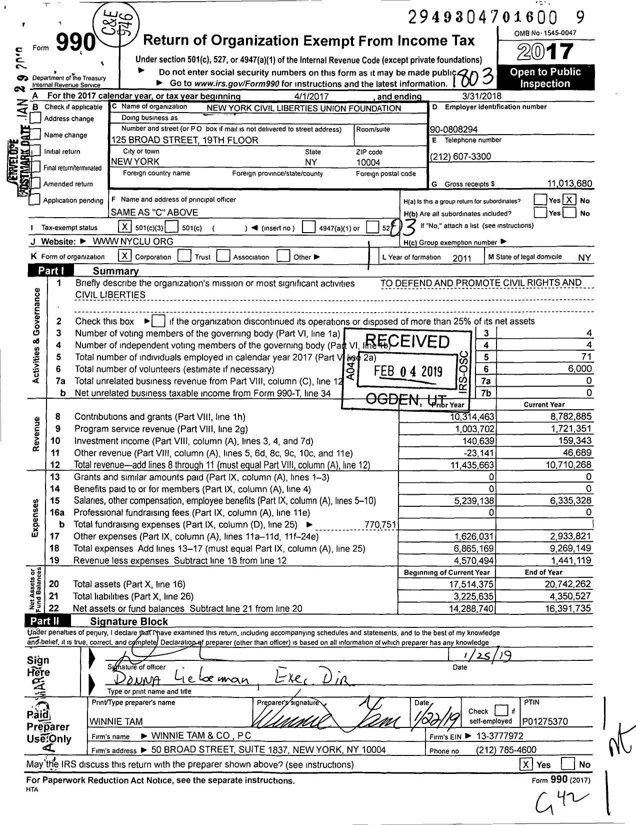 Image of first page of 2017 Form 990 for New York Civil Liberties Union Foundation