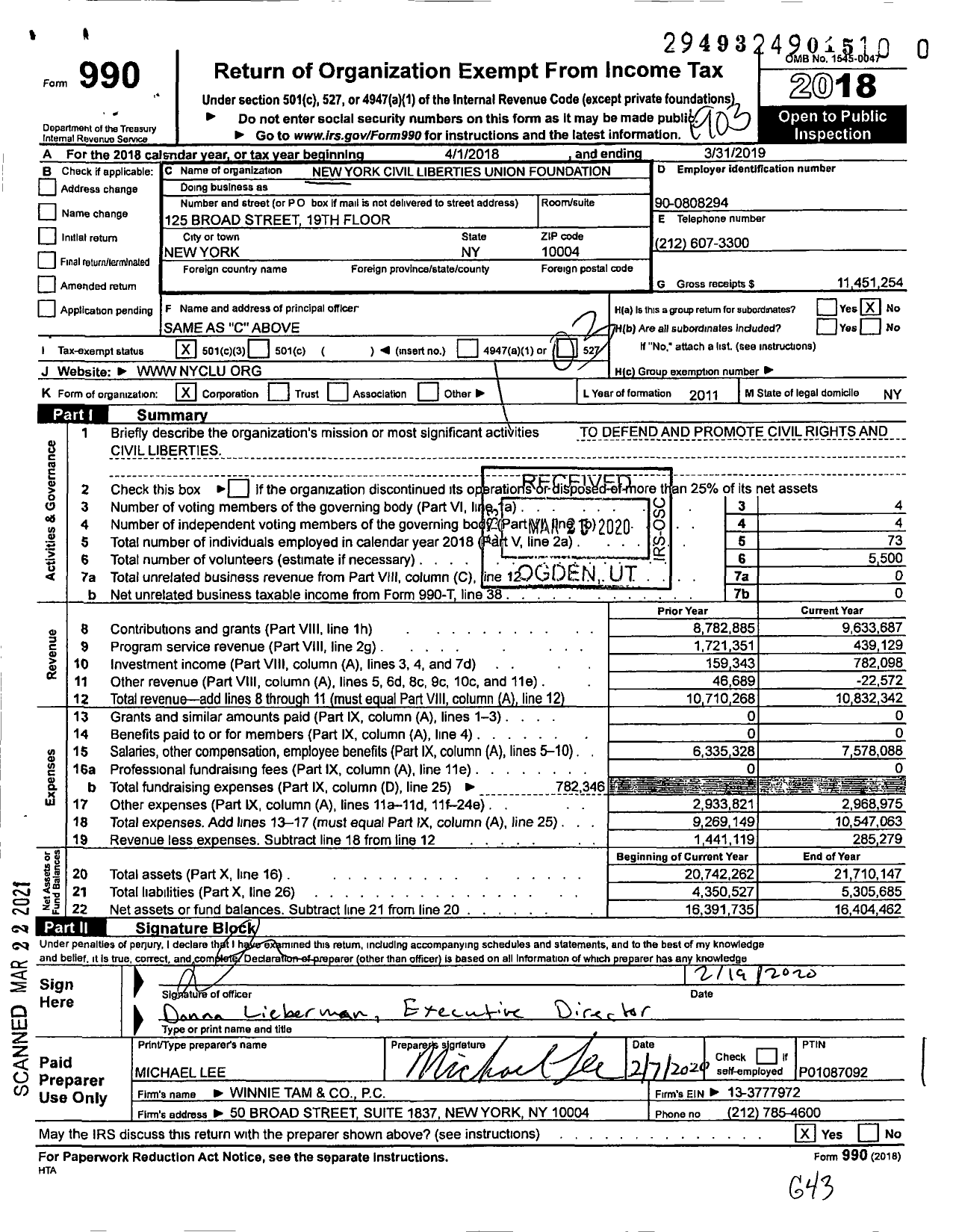 Image of first page of 2018 Form 990 for New York Civil Liberties Union Foundation