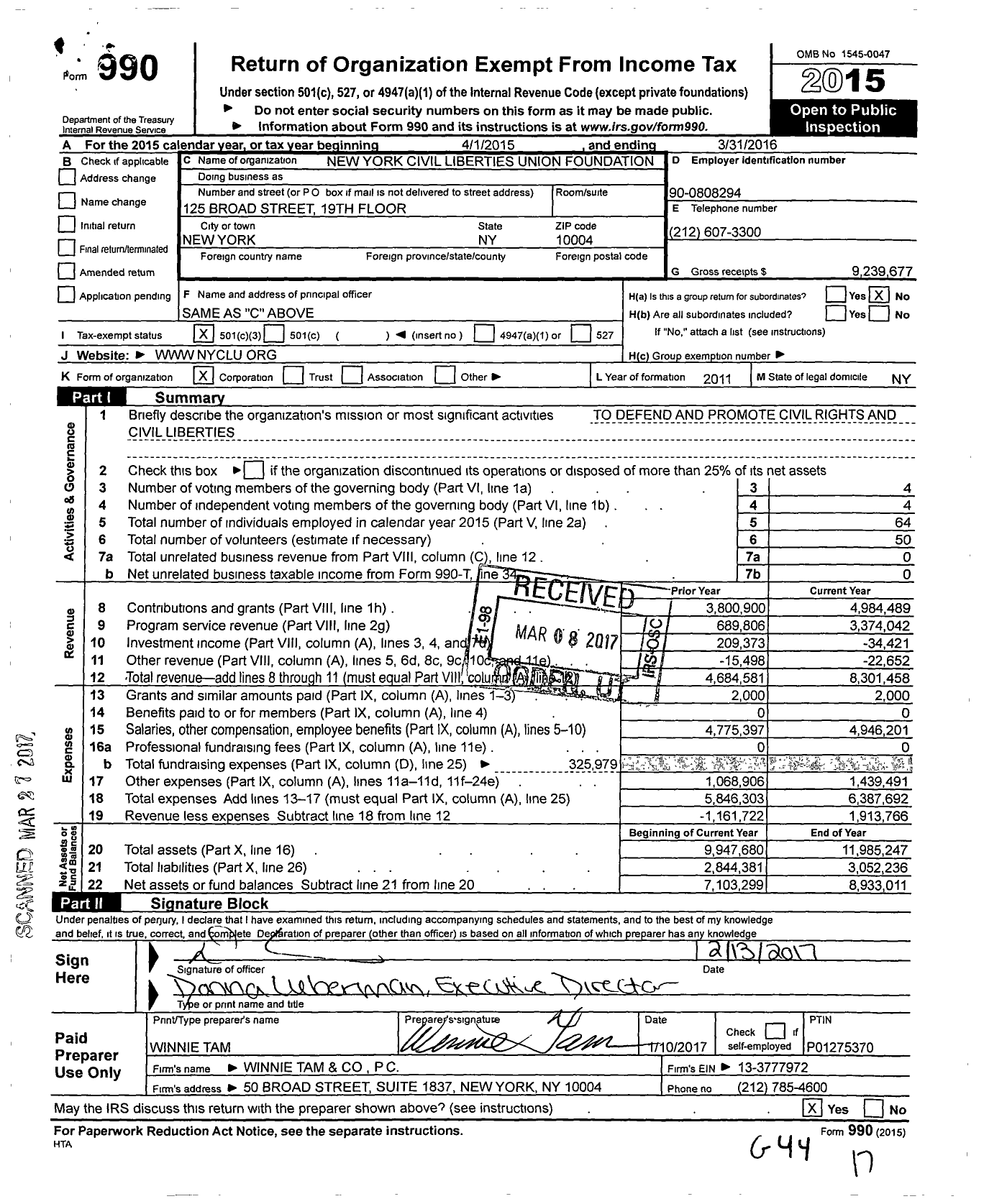 Image of first page of 2015 Form 990 for New York Civil Liberties Union Foundation