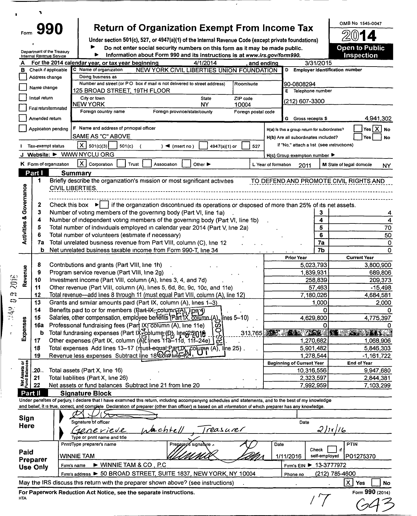 Image of first page of 2014 Form 990 for New York Civil Liberties Union Foundation