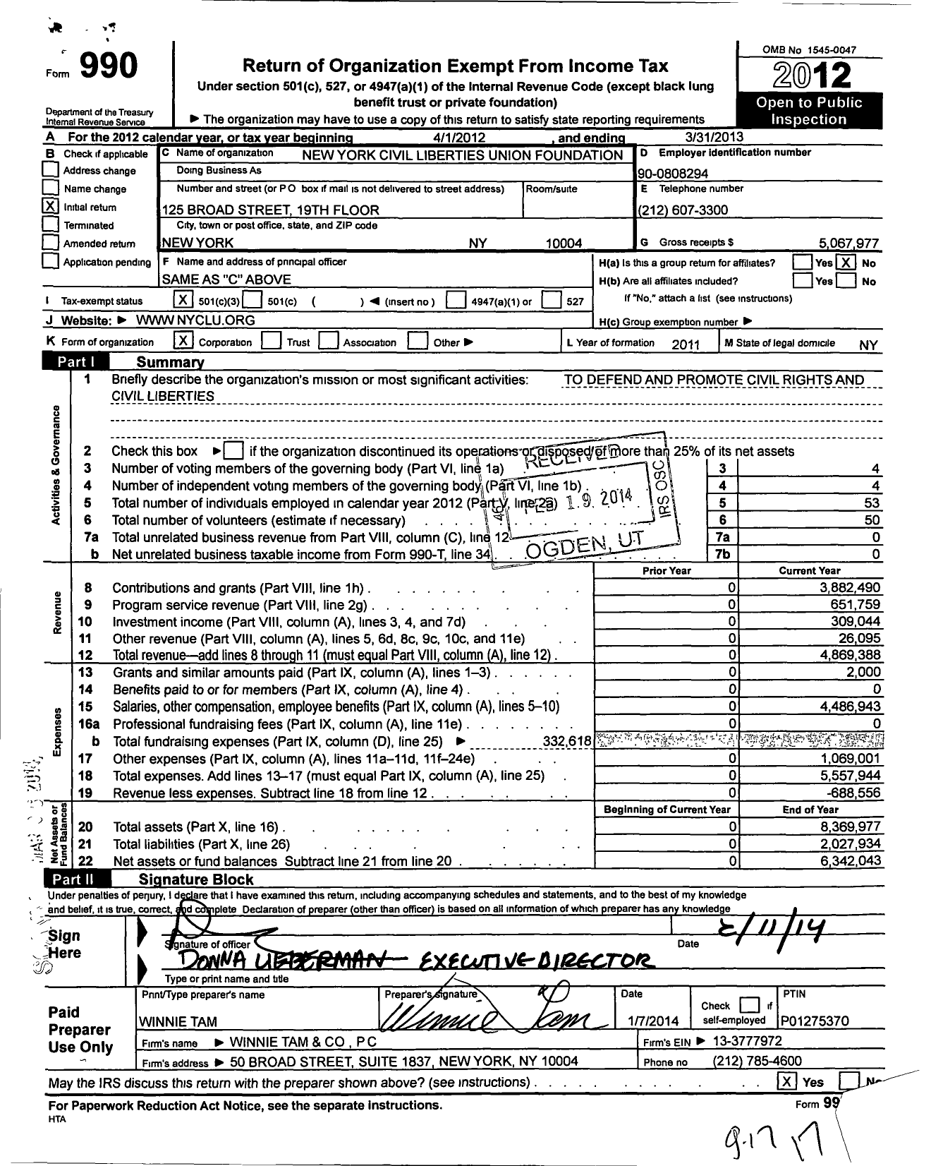 Image of first page of 2012 Form 990 for New York Civil Liberties Union Foundation