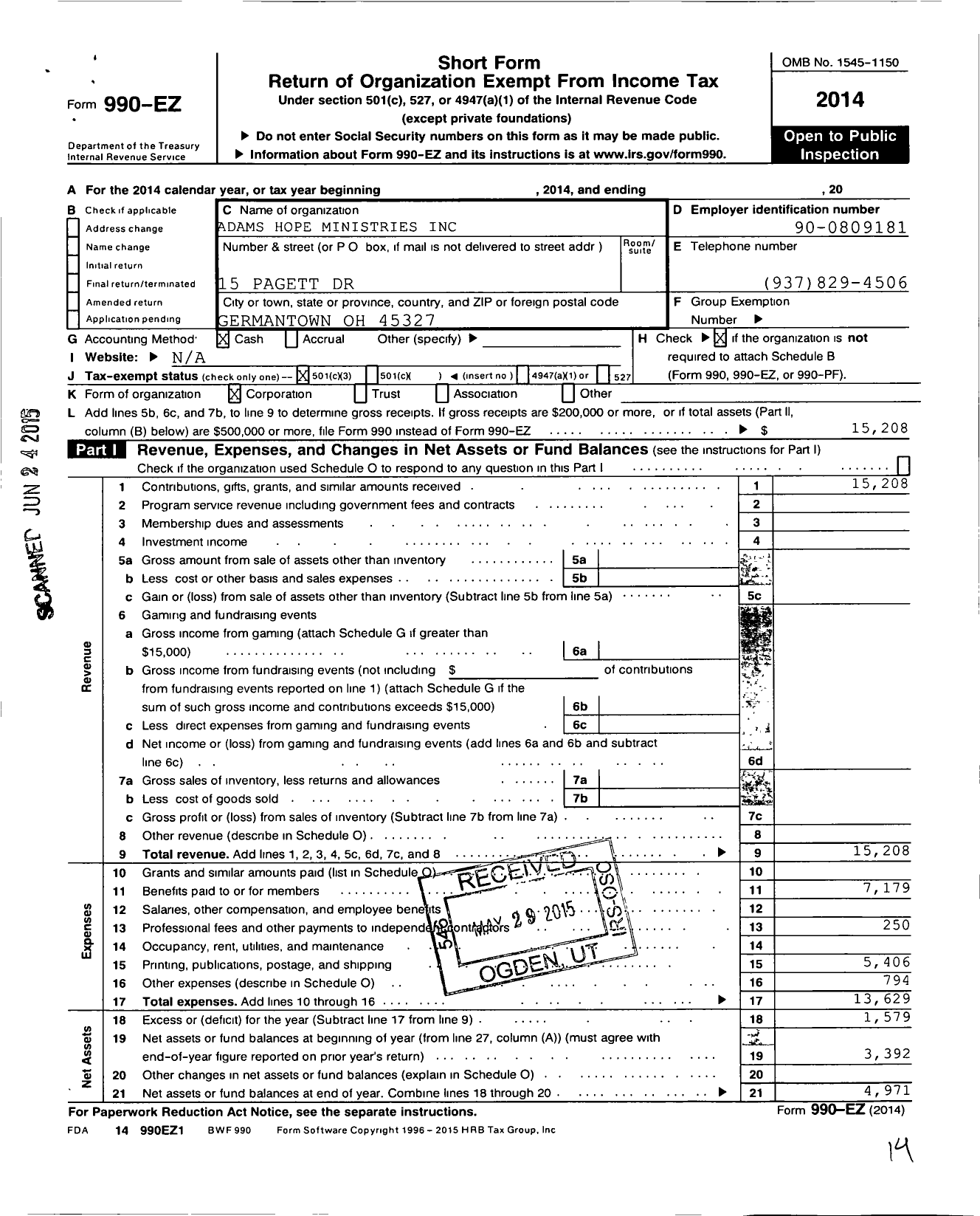 Image of first page of 2014 Form 990EZ for Adams Hope Ministries