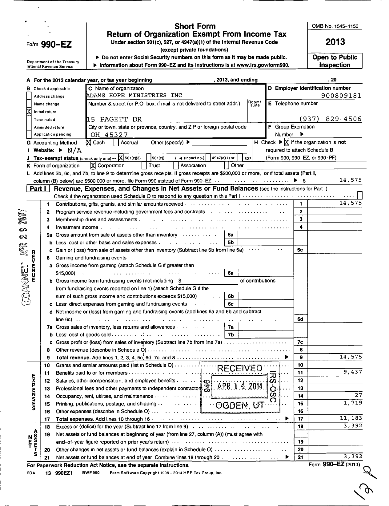 Image of first page of 2013 Form 990EZ for Adams Hope Ministries