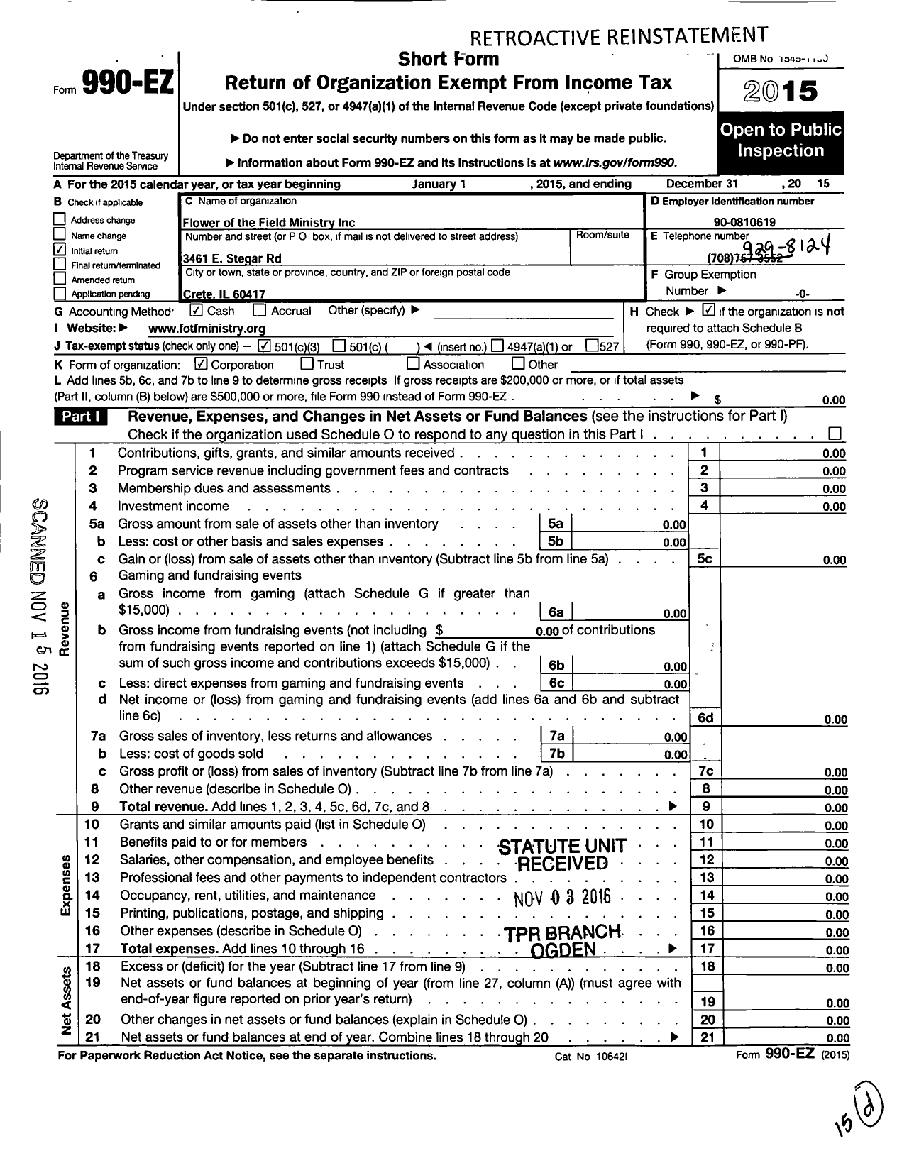 Image of first page of 2015 Form 990EZ for Flower of the Fields Ministry (FOTF)