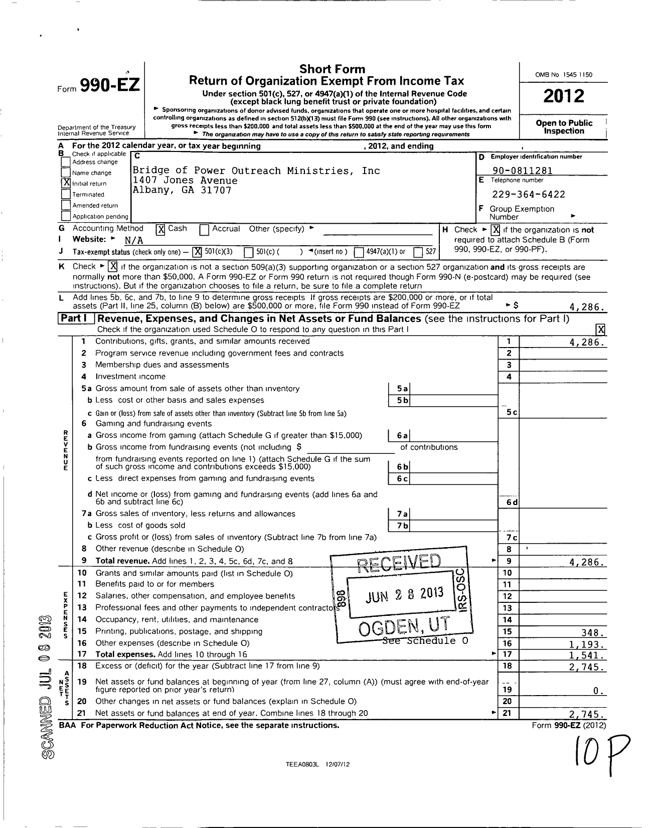 Image of first page of 2012 Form 990EZ for Bridge of Power Outreach Ministries