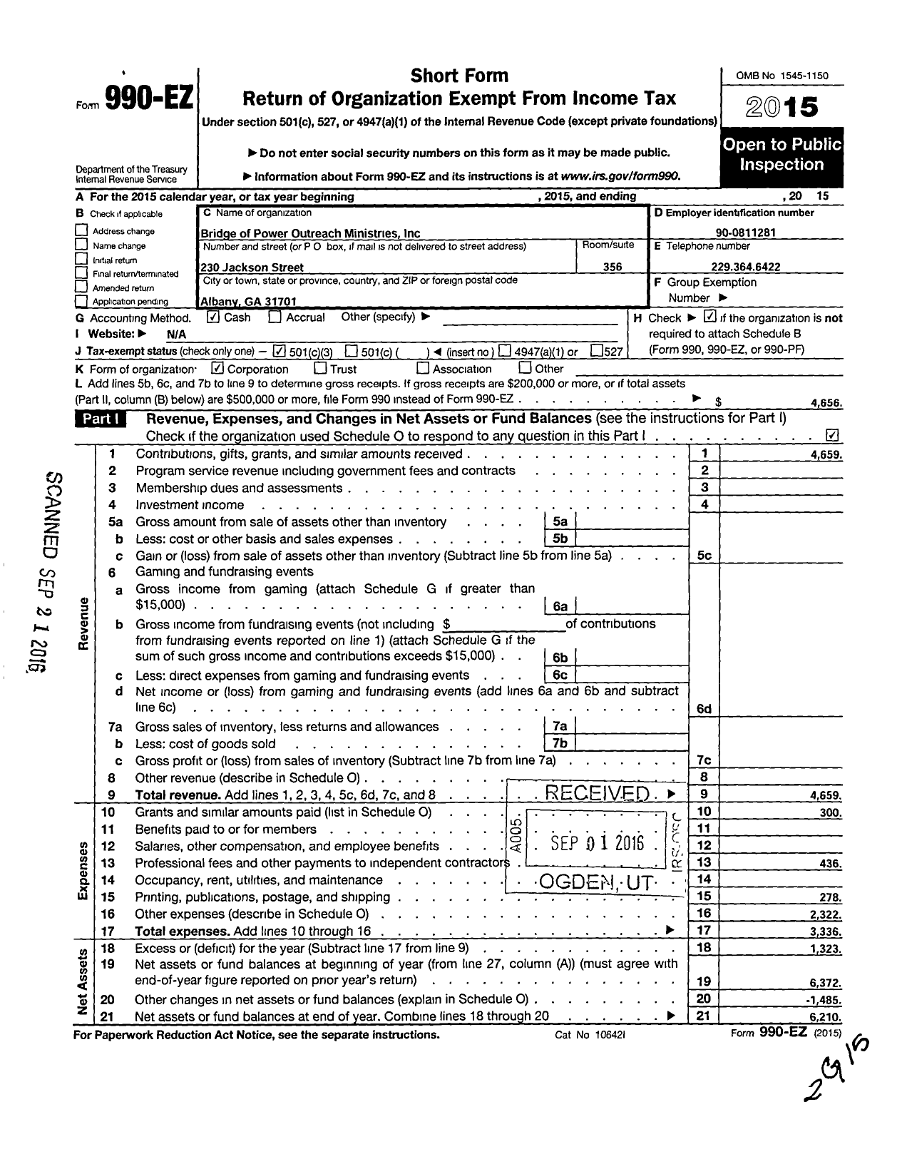 Image of first page of 2015 Form 990EZ for Bridge of Power Outreach Ministries