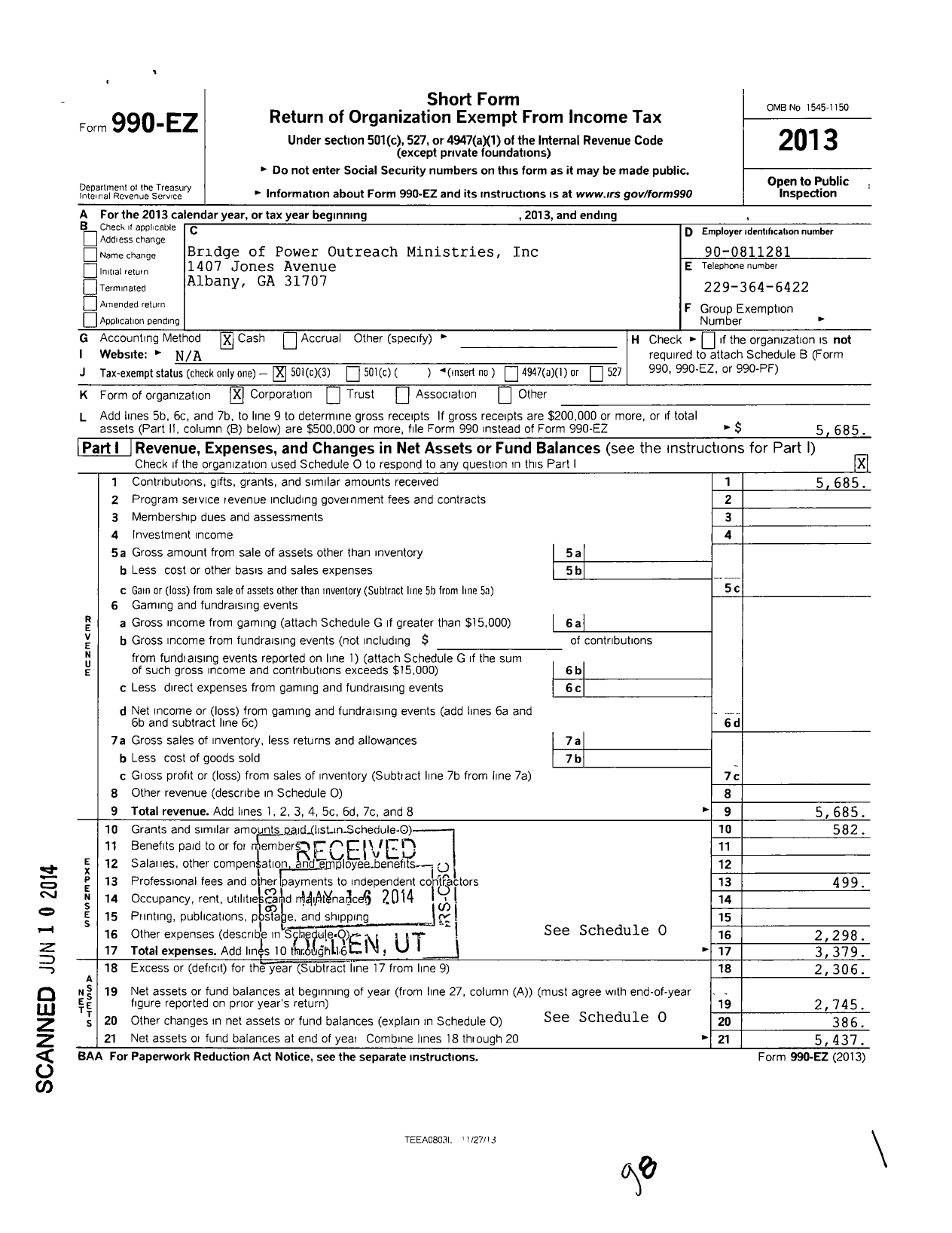 Image of first page of 2013 Form 990EZ for Bridge of Power Outreach Ministries