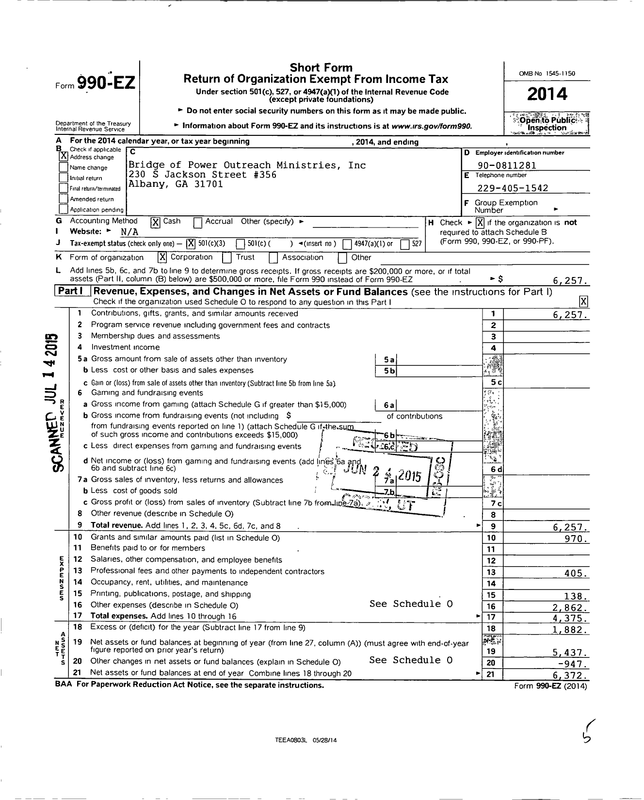 Image of first page of 2014 Form 990EZ for Bridge of Power Outreach Ministries