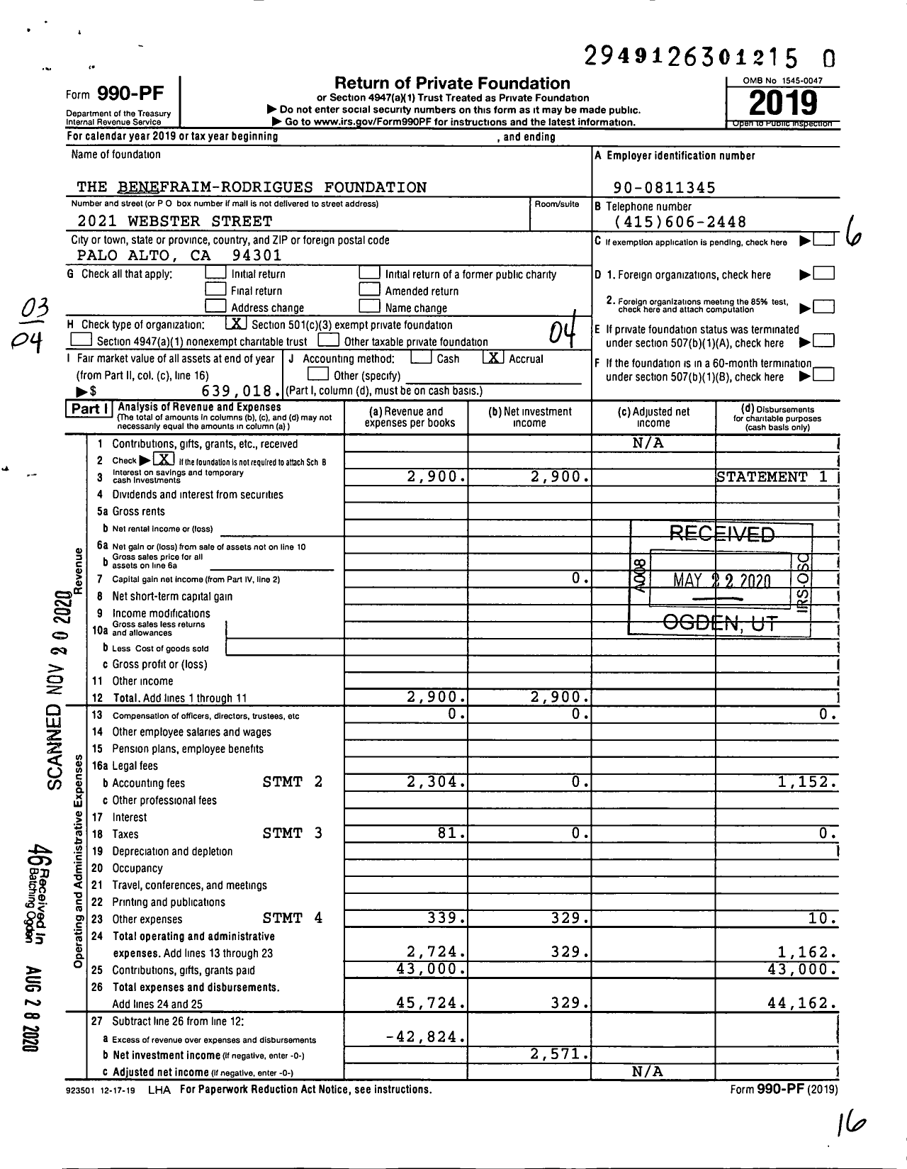 Image of first page of 2019 Form 990PF for The Benefraim-Rodrigues Foundation