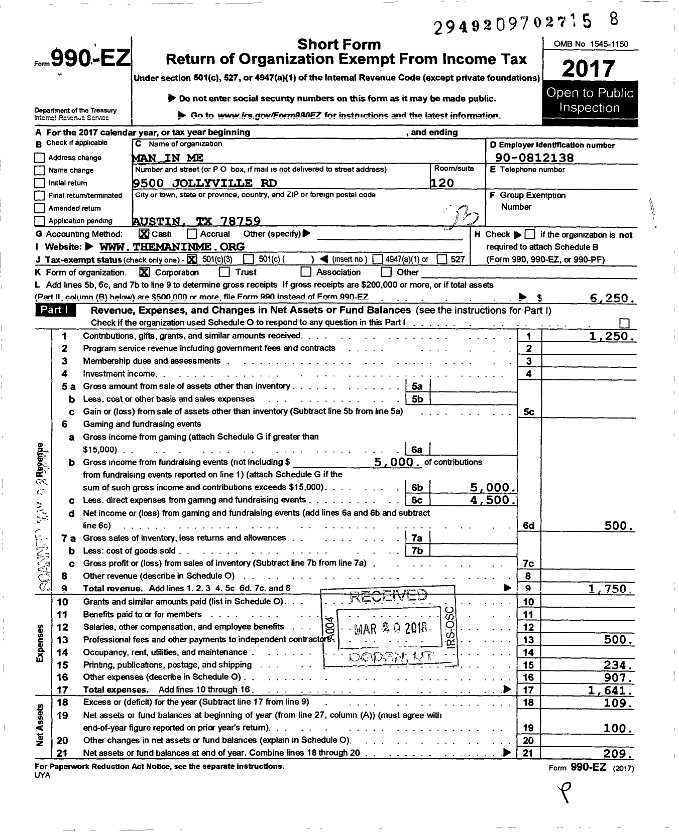 Image of first page of 2017 Form 990EZ for Man in Me