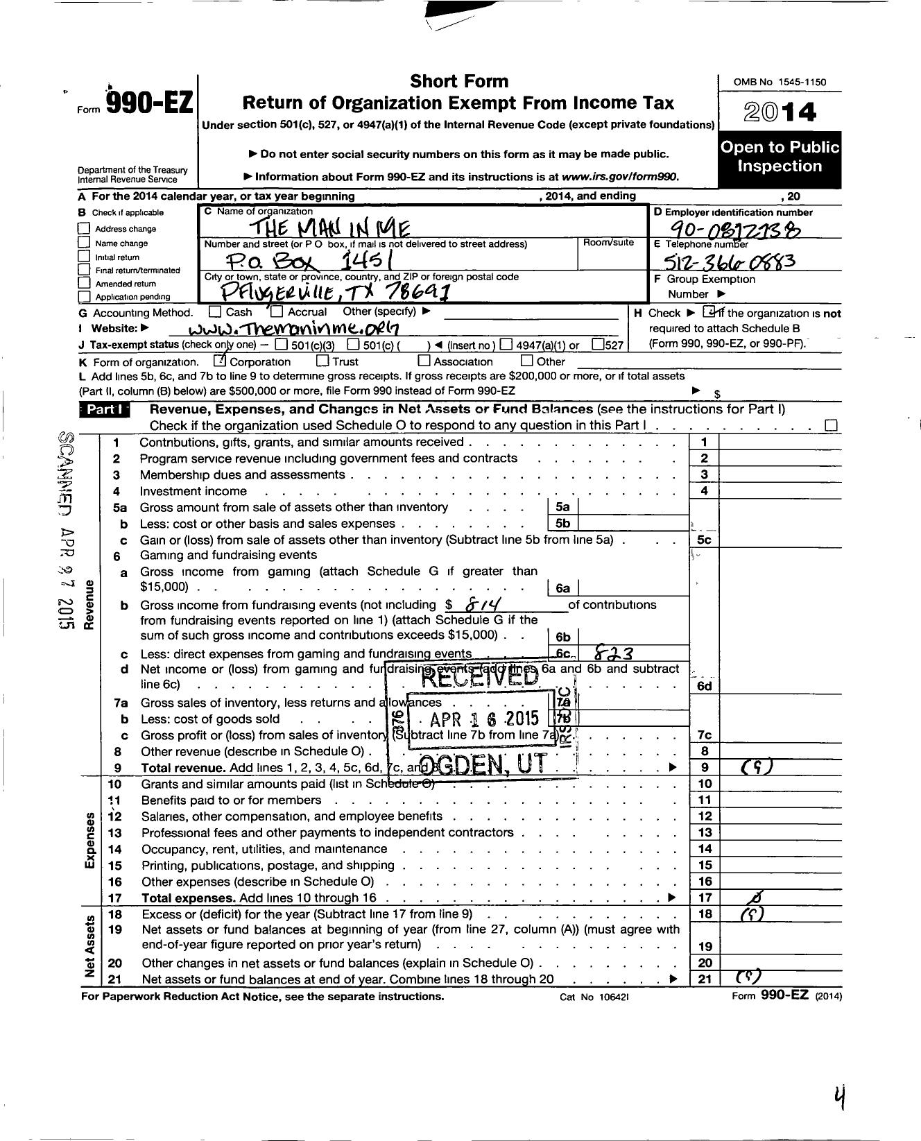 Image of first page of 2014 Form 990EO for Man in Me