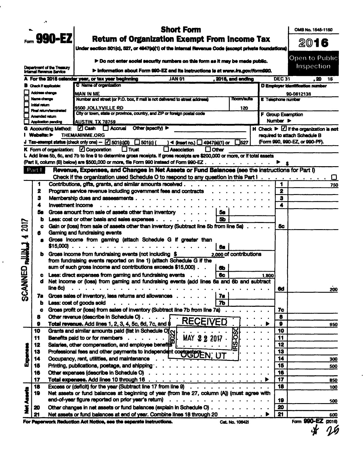 Image of first page of 2016 Form 990EZ for Man in Me