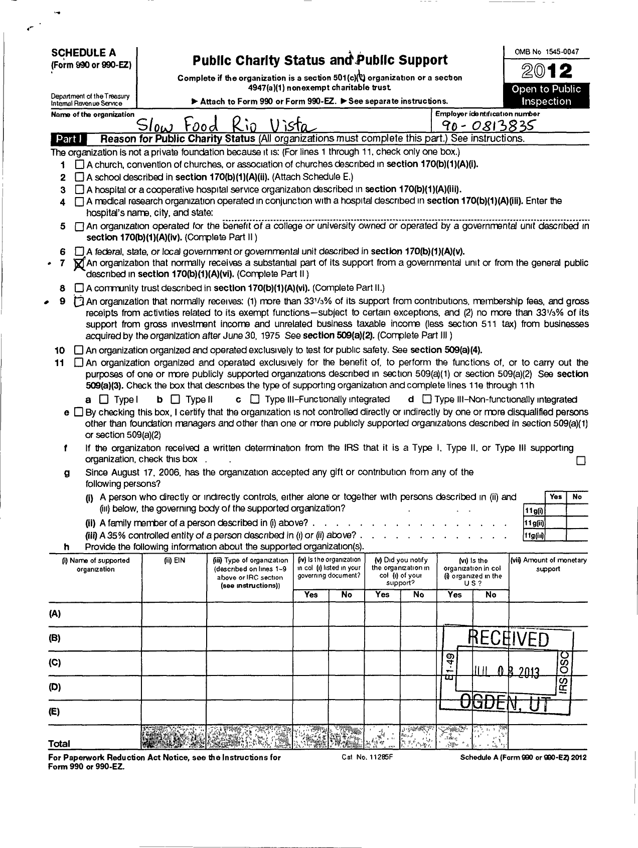 Image of first page of 2012 Form 990ER for Slow Food USA / Slow Food Rio Vista