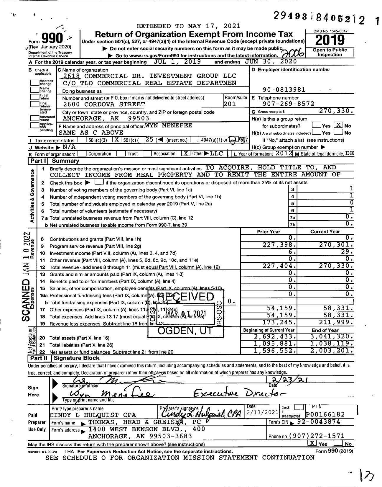 Image of first page of 2019 Form 990O for 2618 Commercial Dr Investment Group LLC