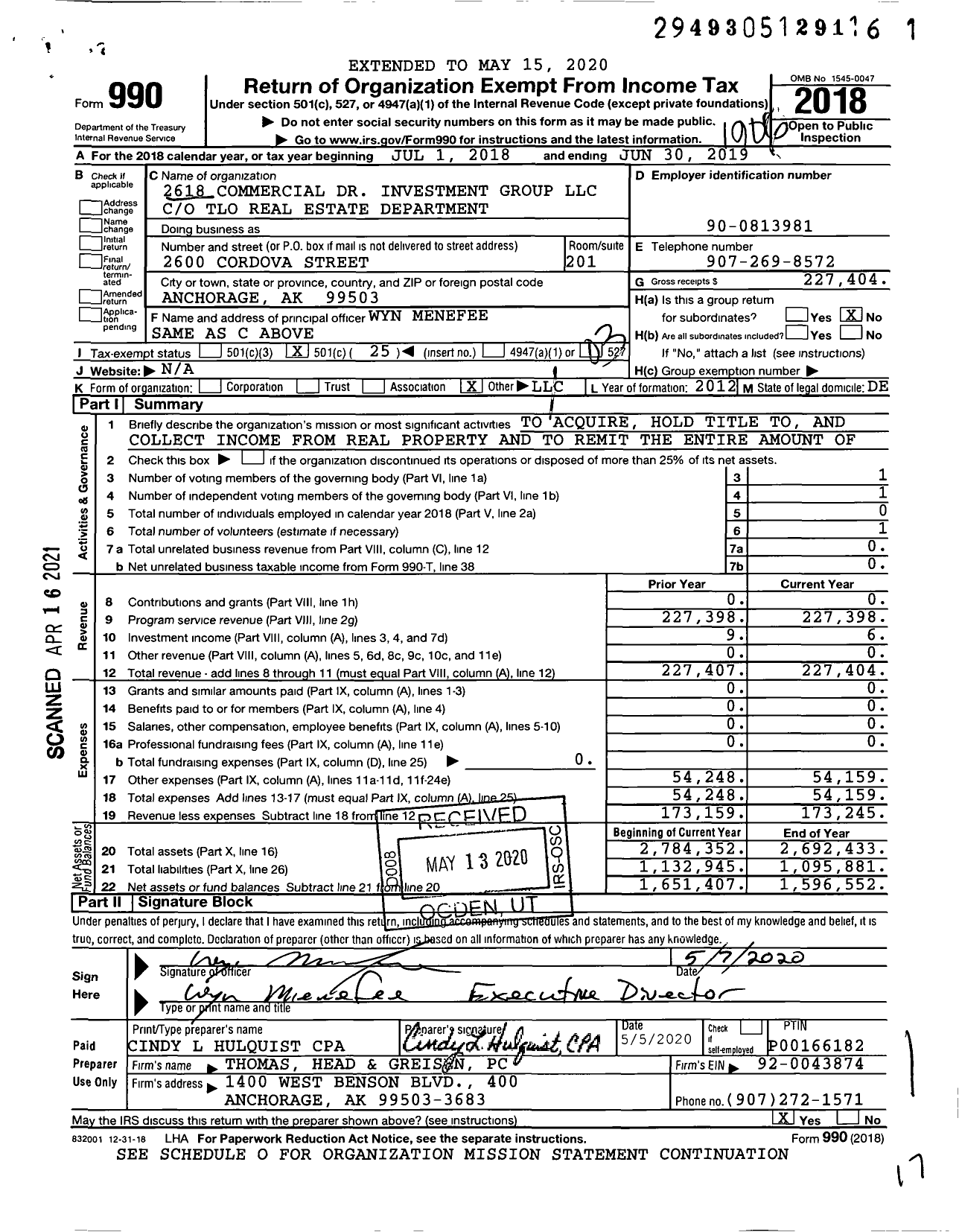 Image of first page of 2018 Form 990 for 2618 Commercial Dr Investment Group LLC