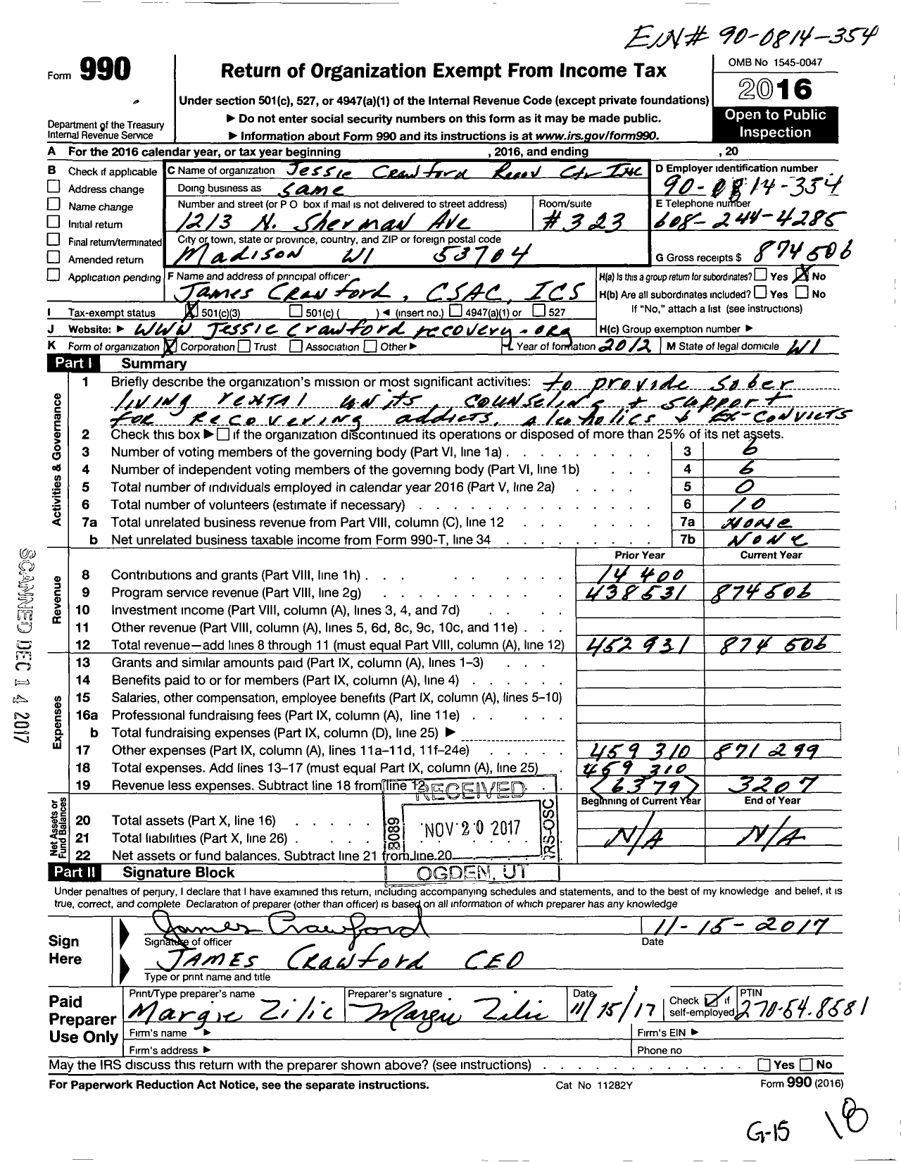Image of first page of 2016 Form 990 for Jessie Crawford Recovery Center