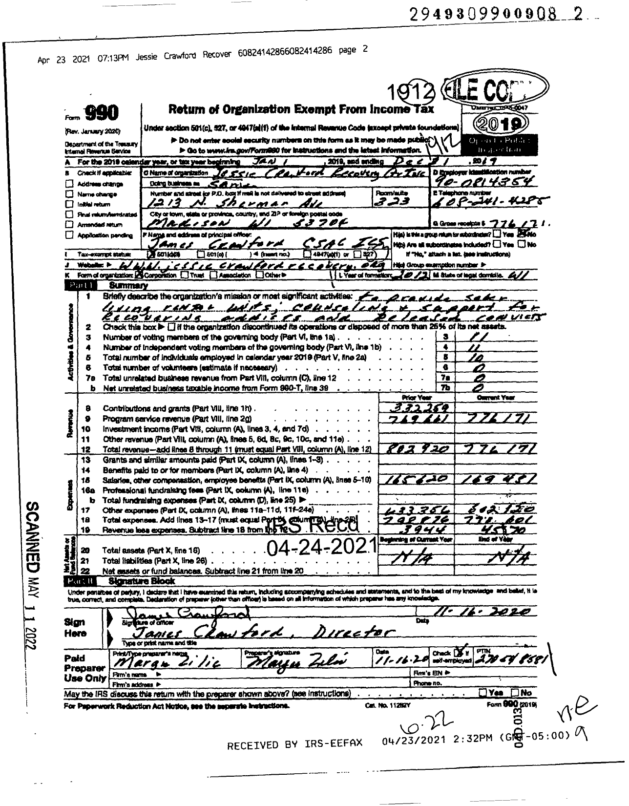 Image of first page of 2019 Form 990 for Jessie Crawford Recovery Center