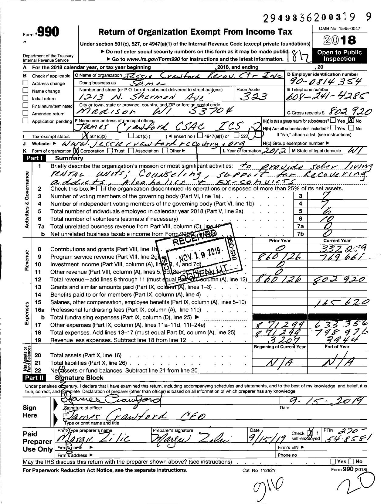 Image of first page of 2018 Form 990 for Jessie Crawford Recovery Center