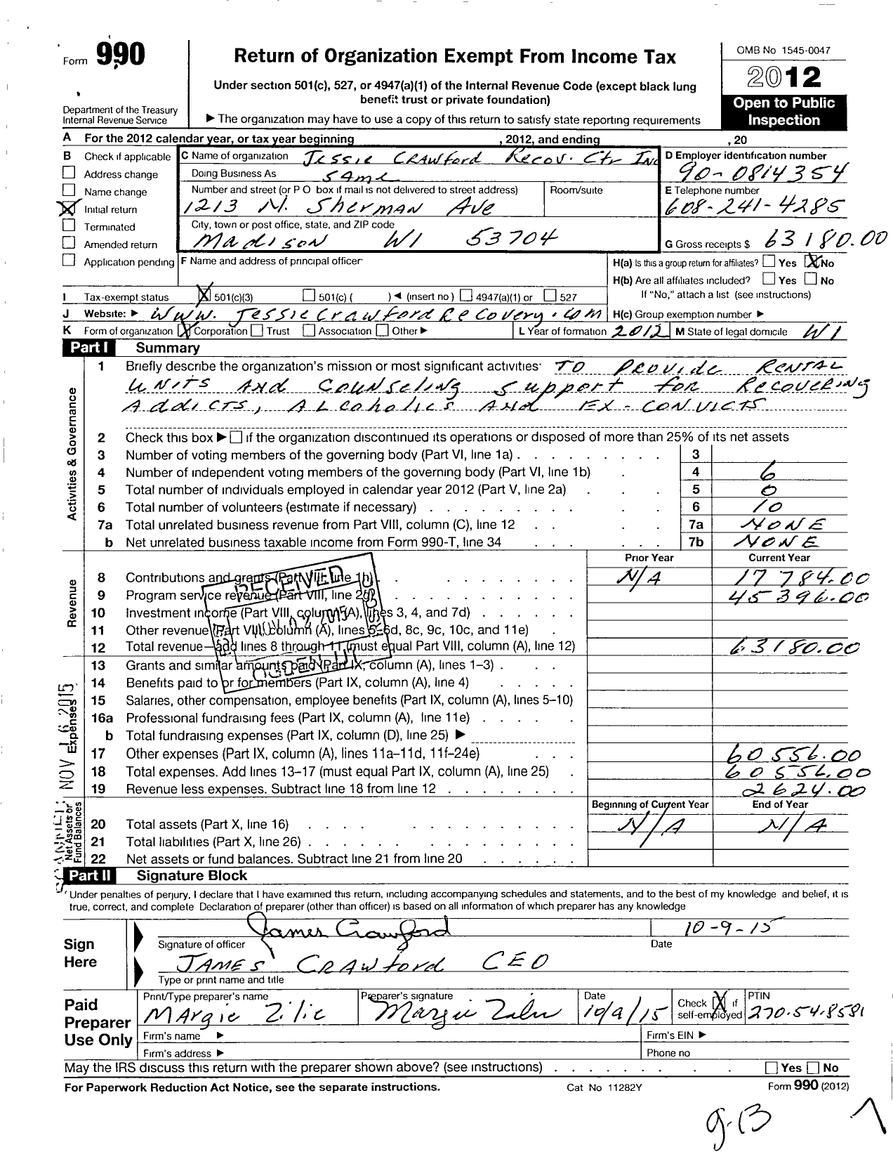 Image of first page of 2012 Form 990 for Jessie Crawford Recovery Center