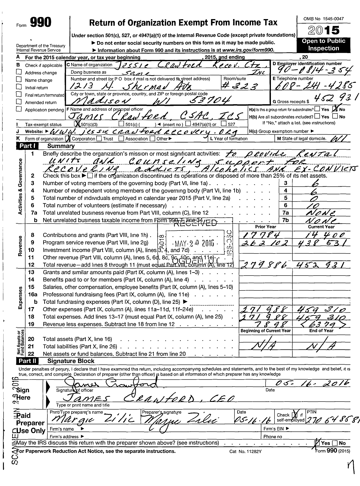 Image of first page of 2015 Form 990 for Jessie Crawford Recovery Center