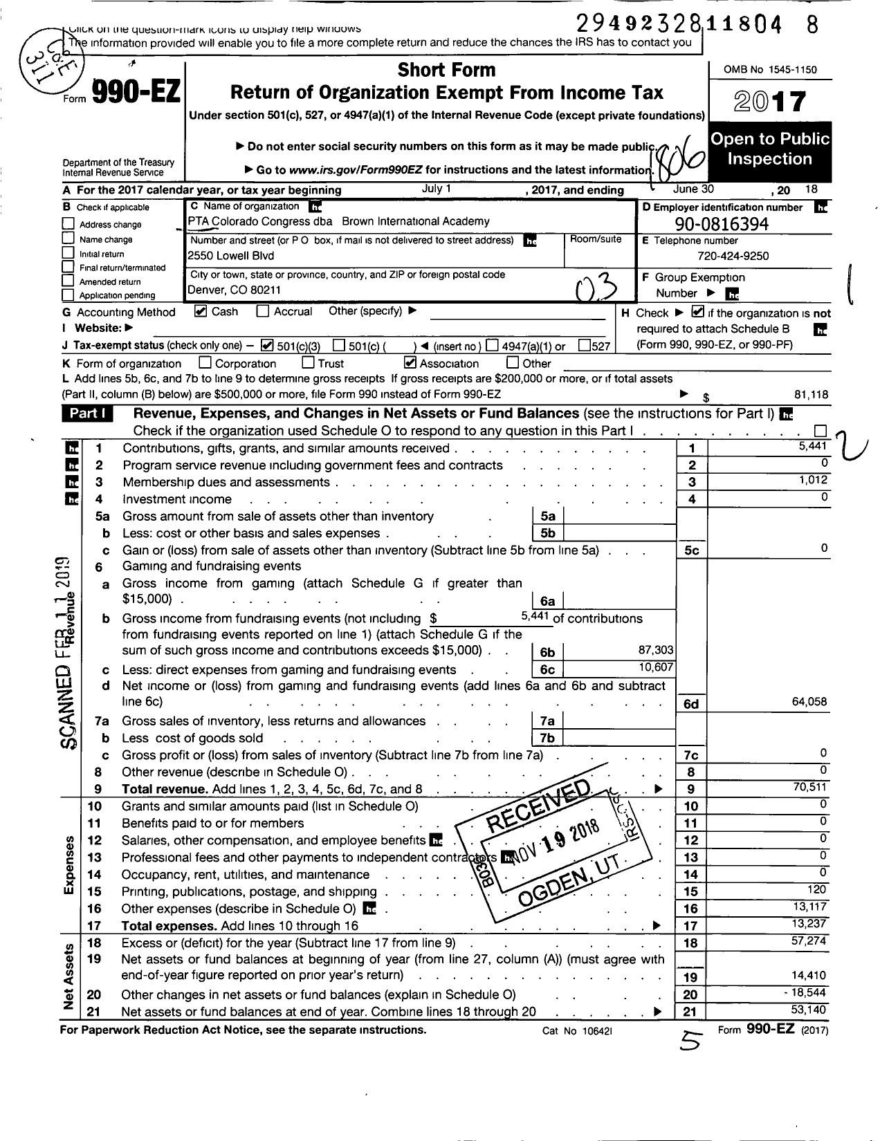 Image of first page of 2017 Form 990EZ for PTA Colorado Congress / Brown International Academy PTA