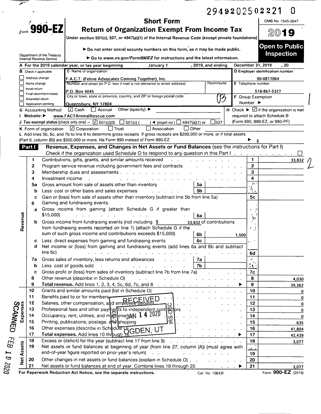 Image of first page of 2019 Form 990EZ for Fact-Feline Advocates Coming Together-Inc