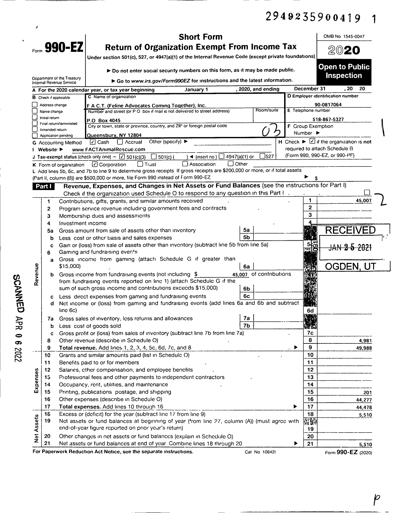 Image of first page of 2020 Form 990EZ for Fact-Feline Advocates Coming Together-Inc