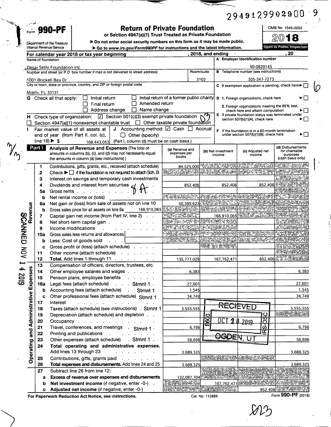 Image of first page of 2018 Form 990PF for Desai Sethi Foundation