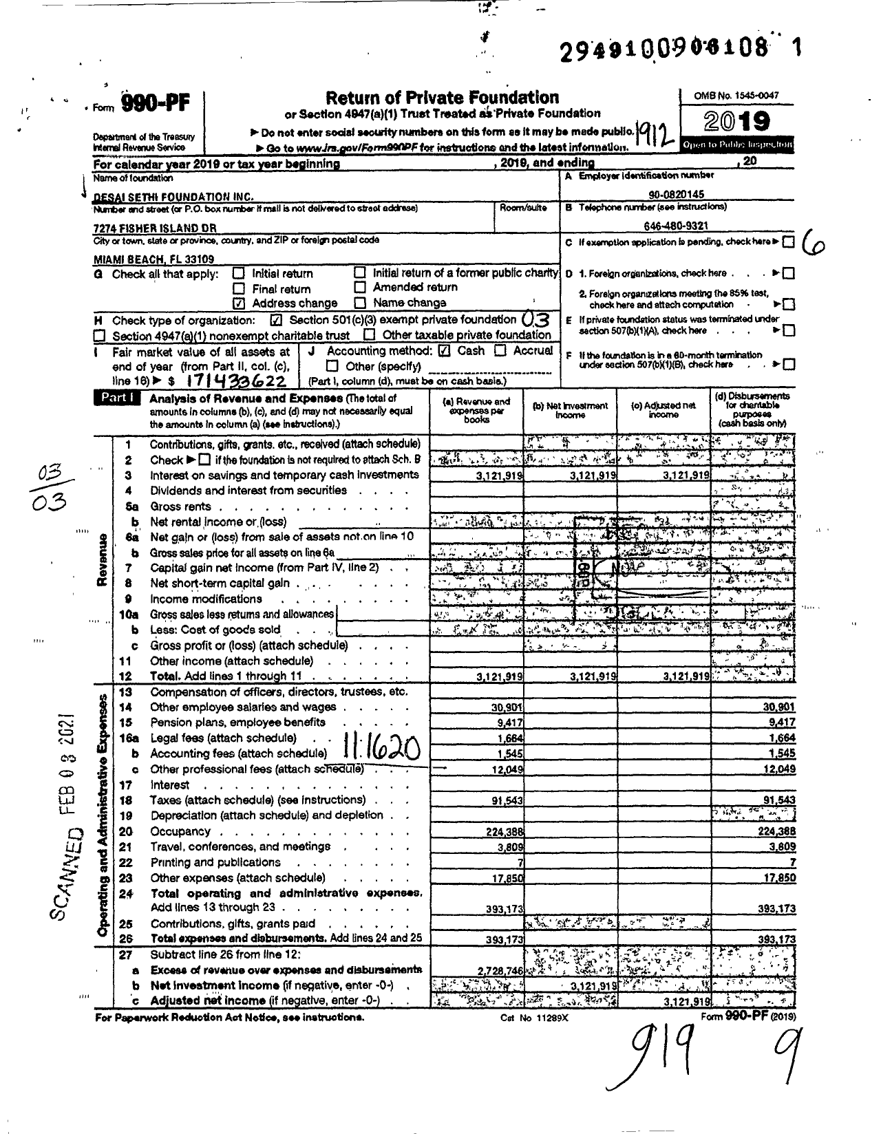 Image of first page of 2019 Form 990PF for Desai Sethi Foundation