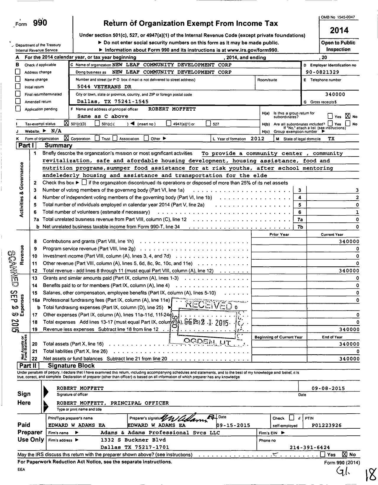 Image of first page of 2014 Form 990 for New Leaf Community Development Corporation