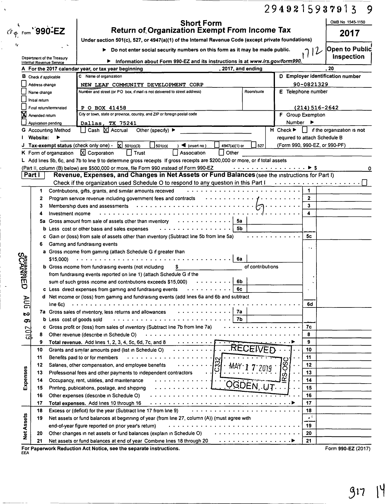 Image of first page of 2017 Form 990EZ for New Leaf Community Development Corporation