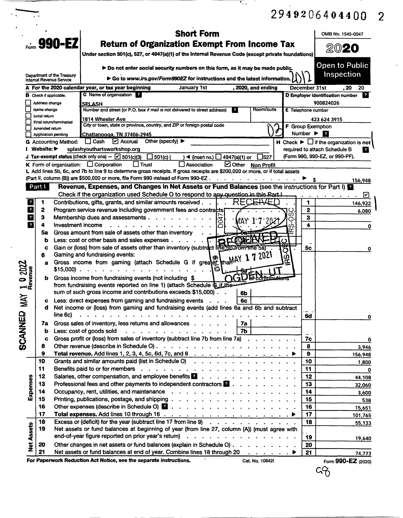 Image of first page of 2020 Form 990EZ for Splash