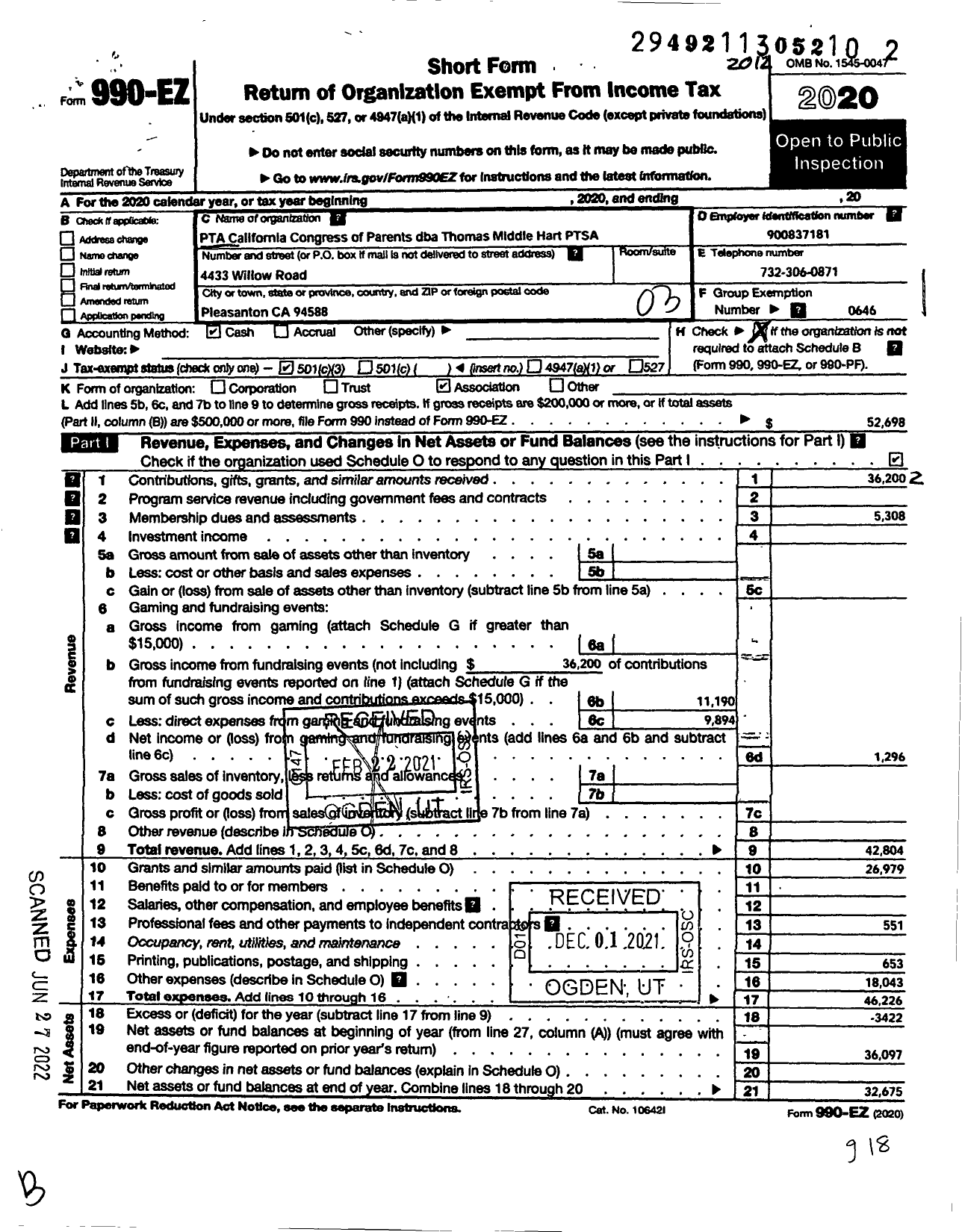 Image of first page of 2020 Form 990EZ for California State PTA - Thomas Hart Middle Ptsa