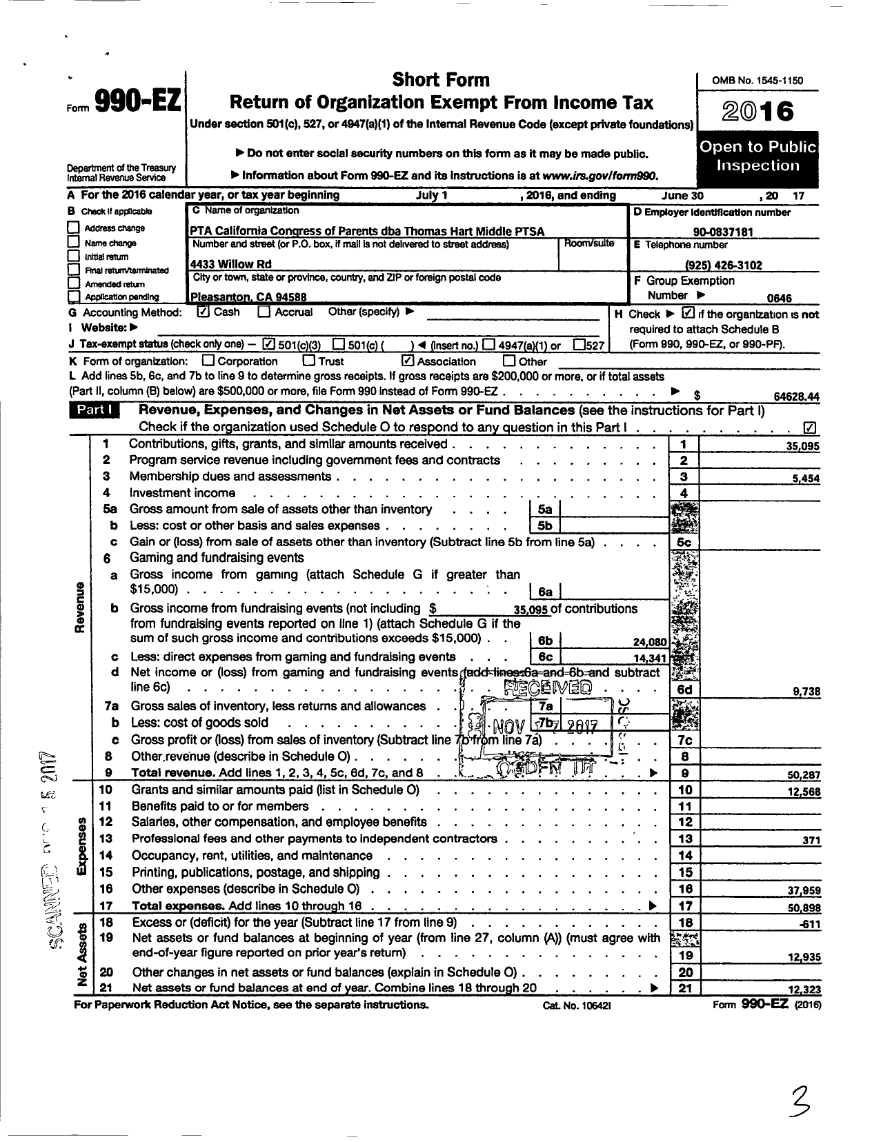 Image of first page of 2016 Form 990EZ for California State PTA - Thomas Hart Middle Ptsa