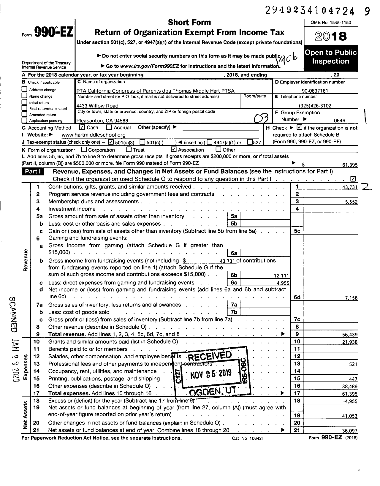 Image of first page of 2018 Form 990EZ for California State PTA - Thomas Hart Middle Ptsa