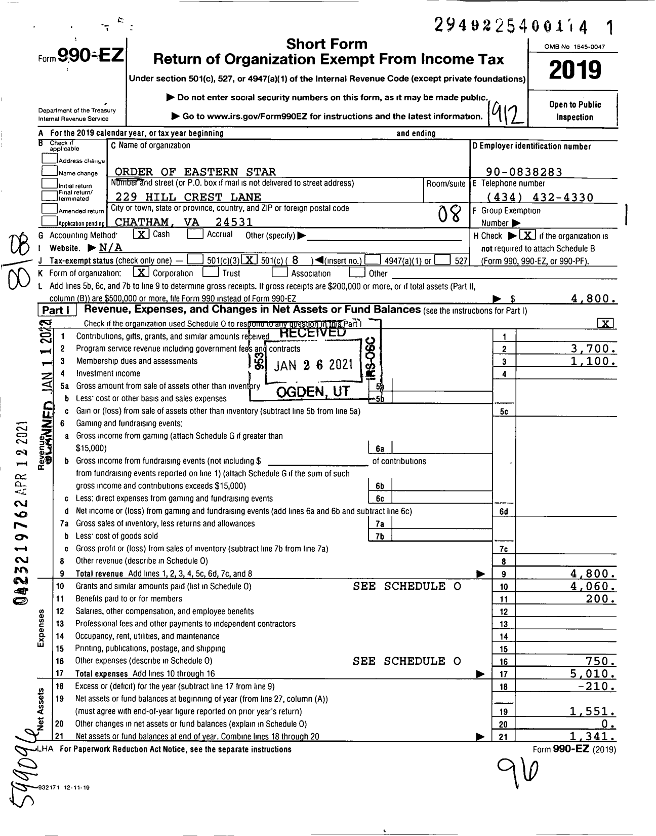 Image of first page of 2019 Form 990EO for Grand Order of the Eastern Star of Virginia Pha - 168 Riceville Chapter