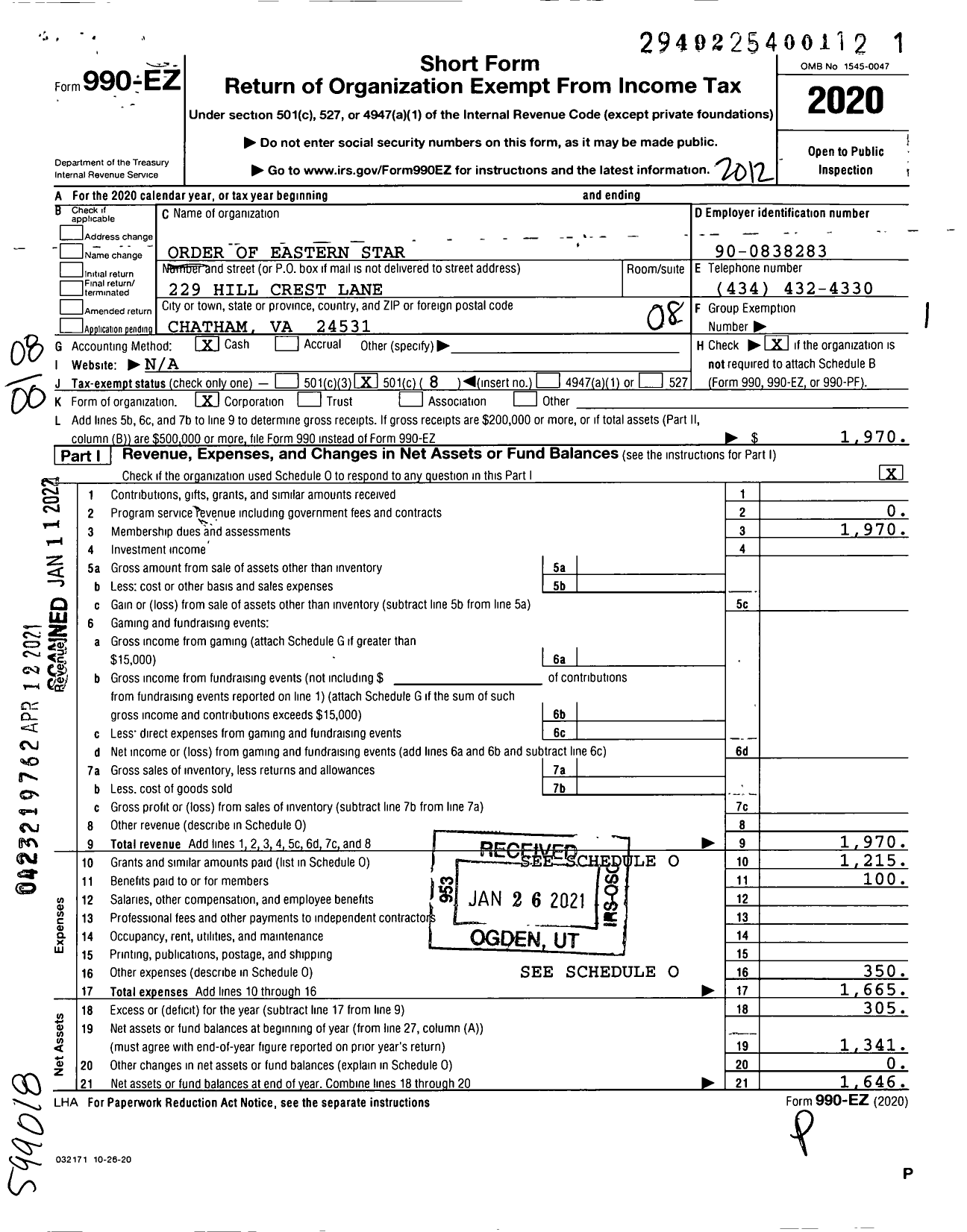 Image of first page of 2020 Form 990EO for Grand Order of the Eastern Star of Virginia Pha - 168 Riceville Chapter