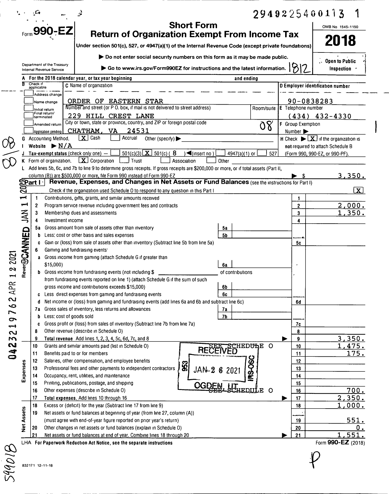 Image of first page of 2018 Form 990EO for Grand Order of the Eastern Star of Virginia Pha - 168 Riceville Chapter