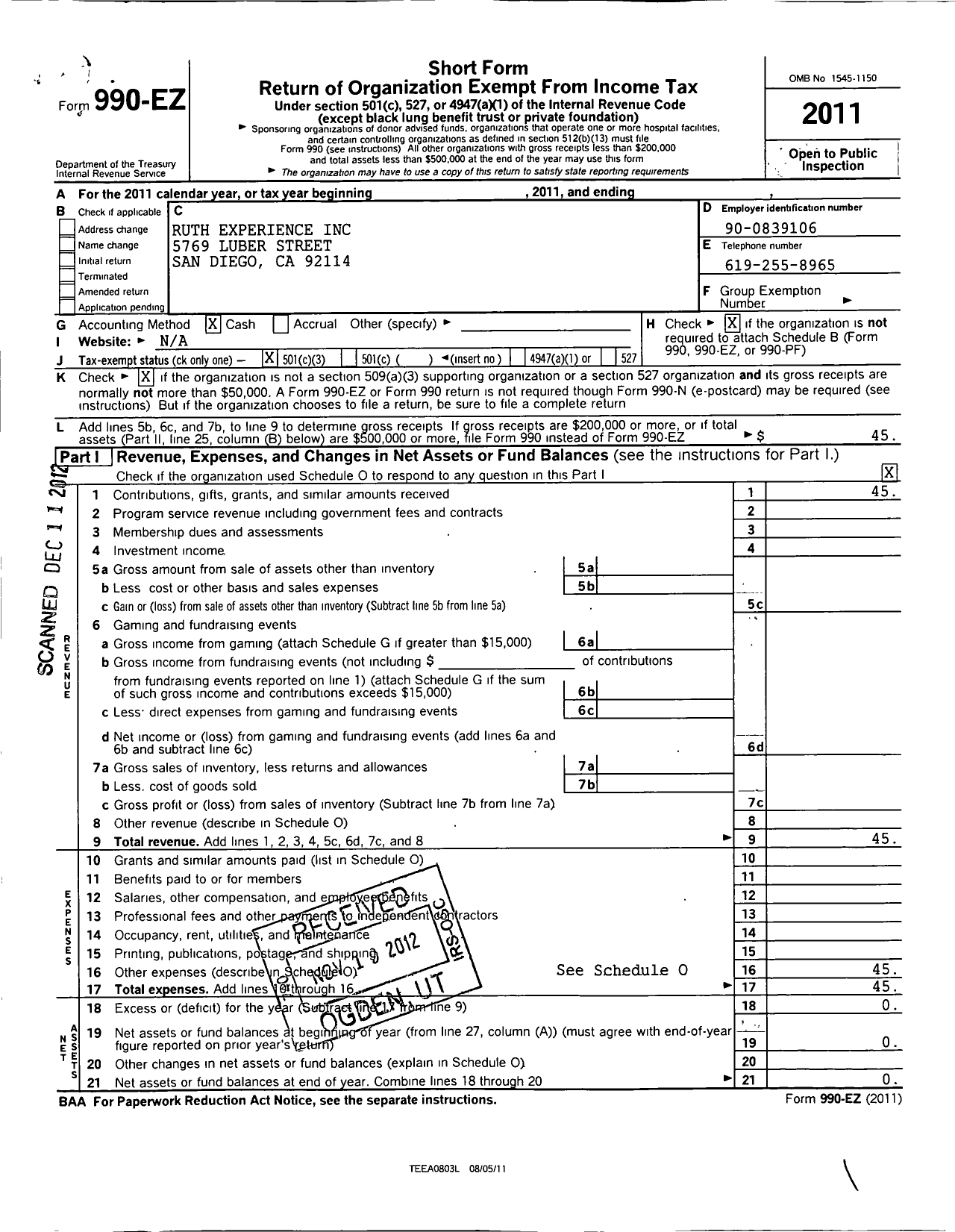 Image of first page of 2011 Form 990EZ for Ruth Experience