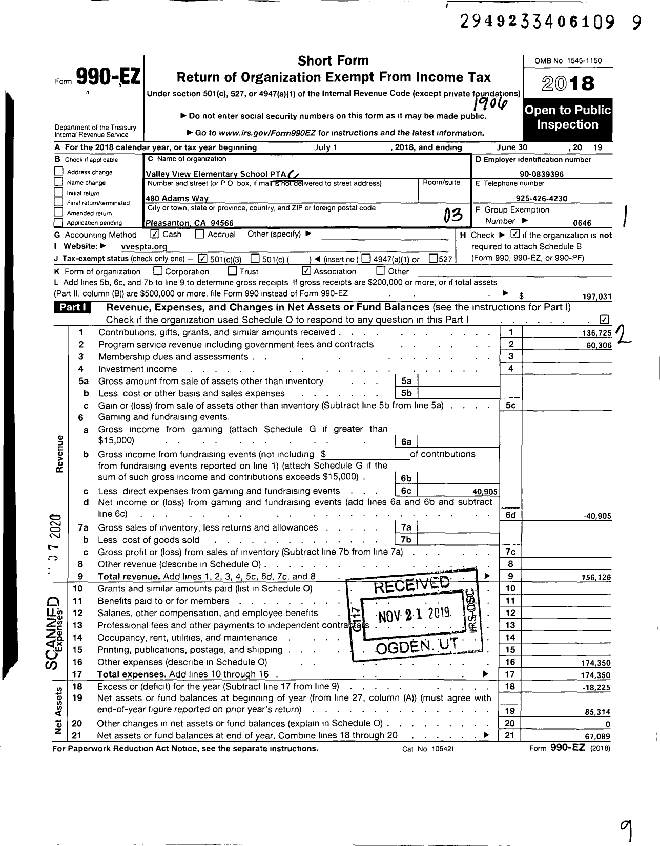 Image of first page of 2018 Form 990EZ for California State PTA - Valley View Elementary School PTA