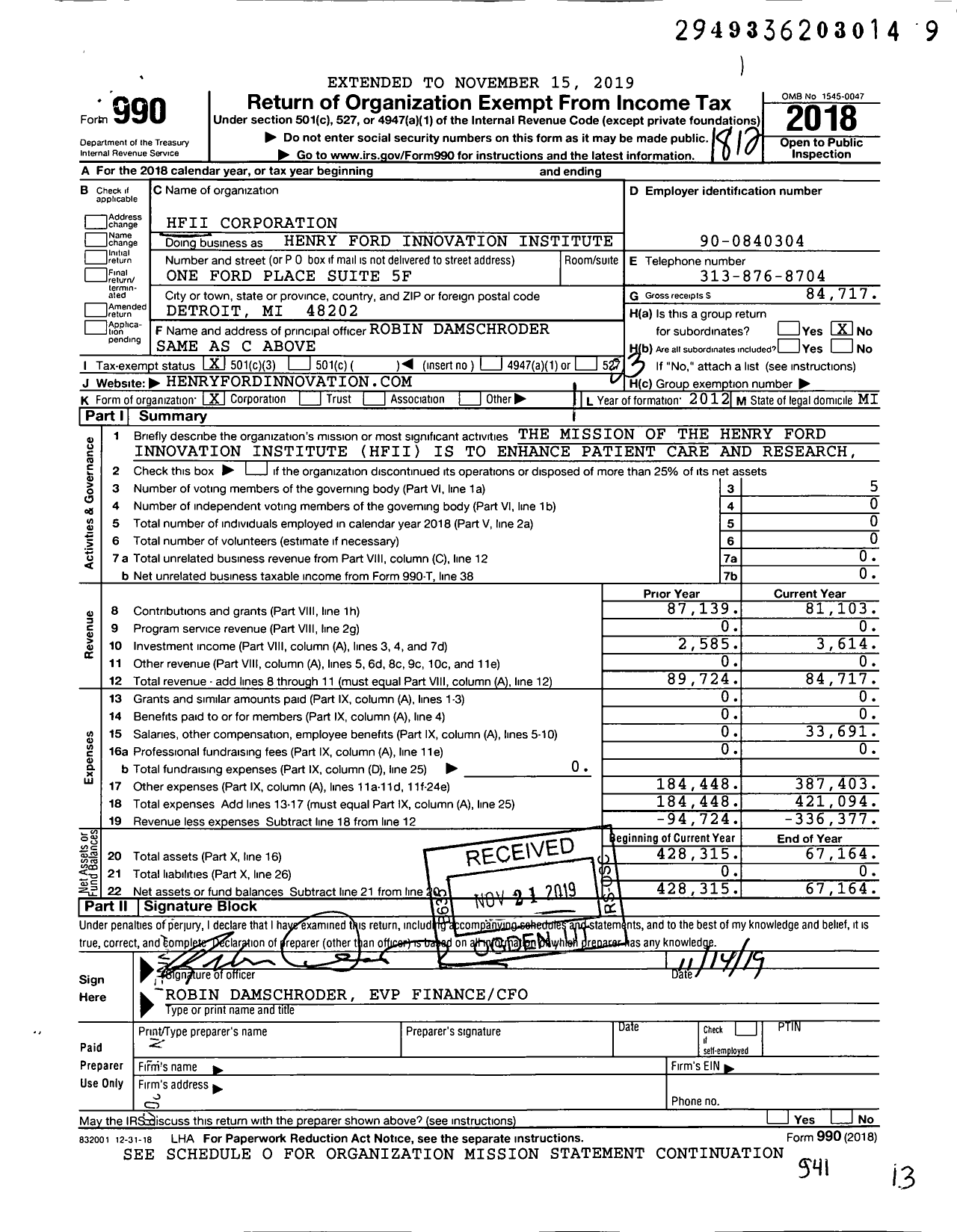 Image of first page of 2018 Form 990 for Henry Ford Innovation Institute