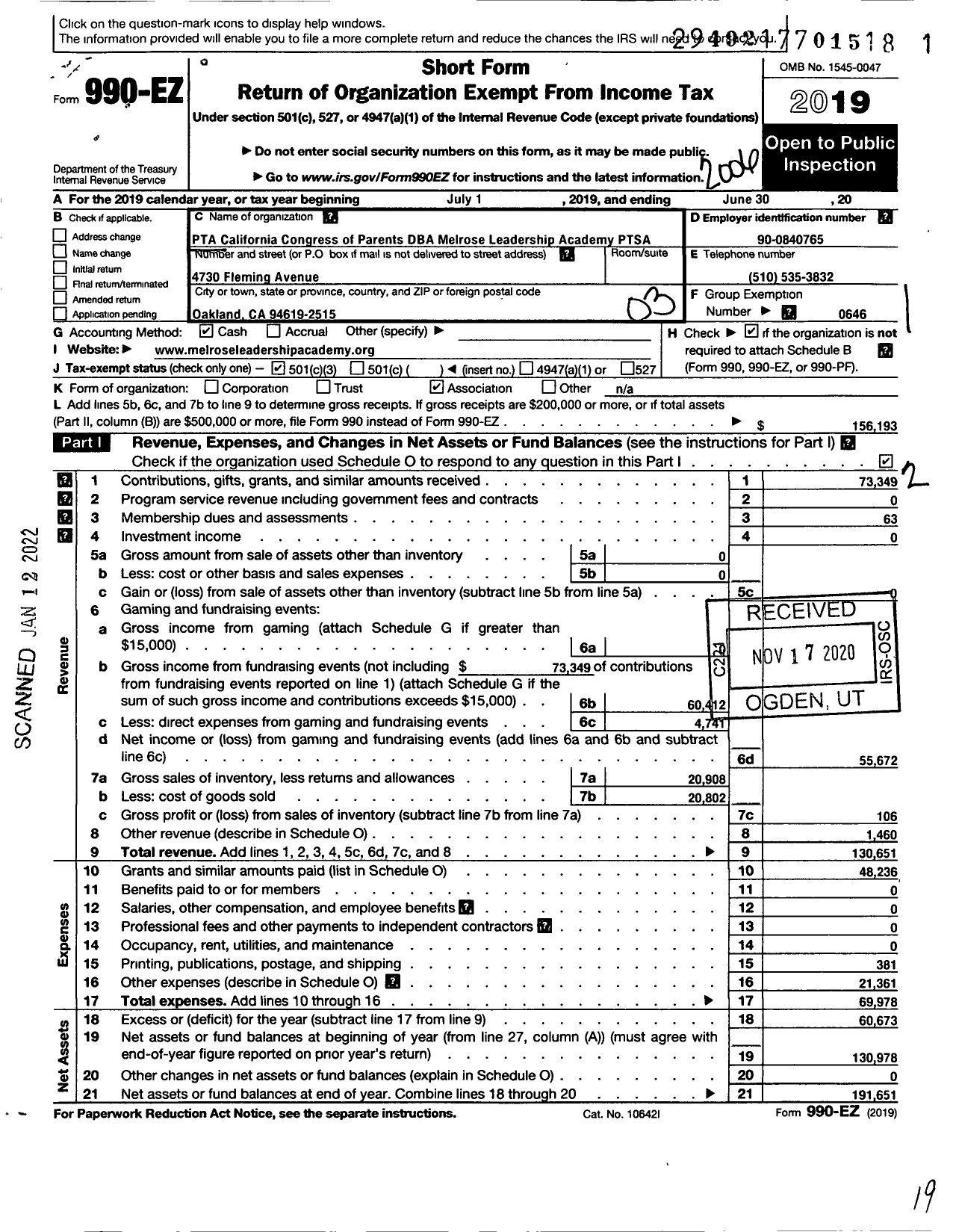Image of first page of 2019 Form 990EZ for California State PTA - Melrose Leadership Academy Ptsa