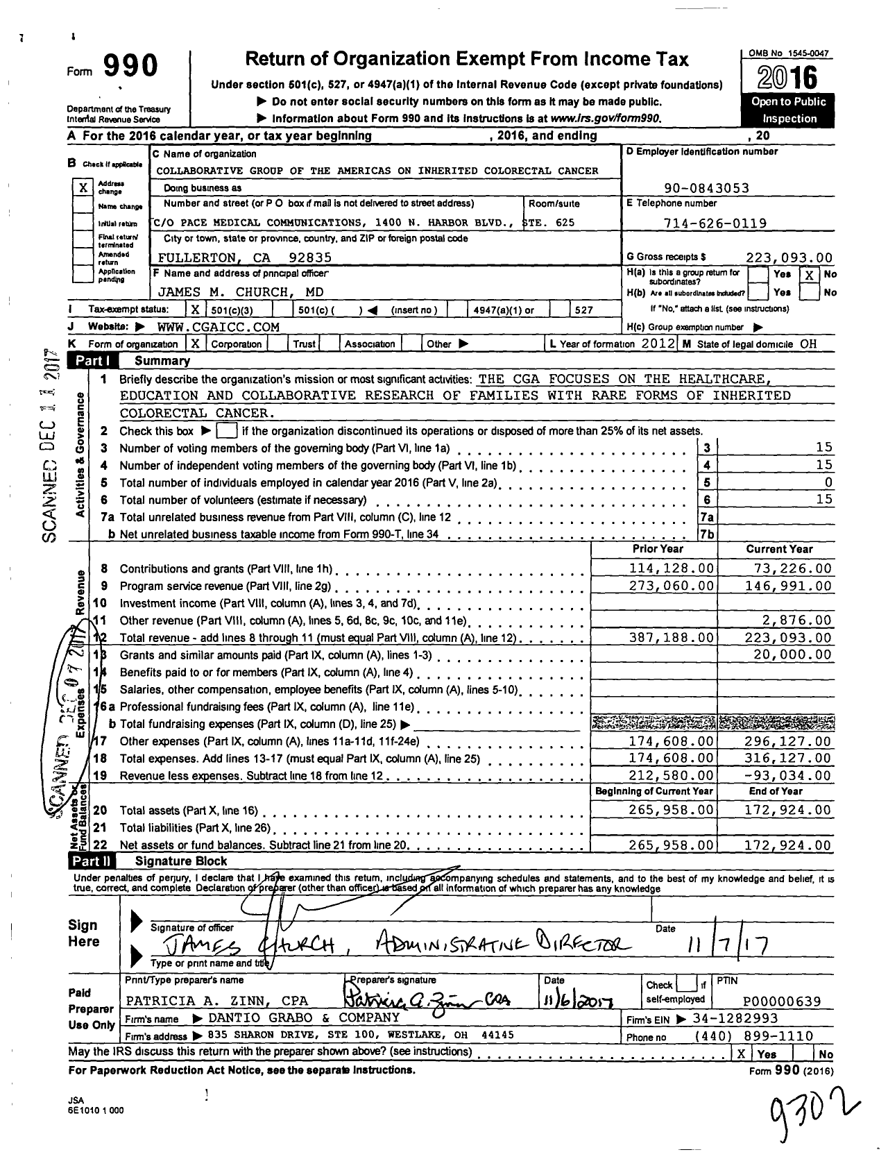 Image of first page of 2016 Form 990 for Collaborative Group of the Americas on Inherited Gastrointestinal Cancer