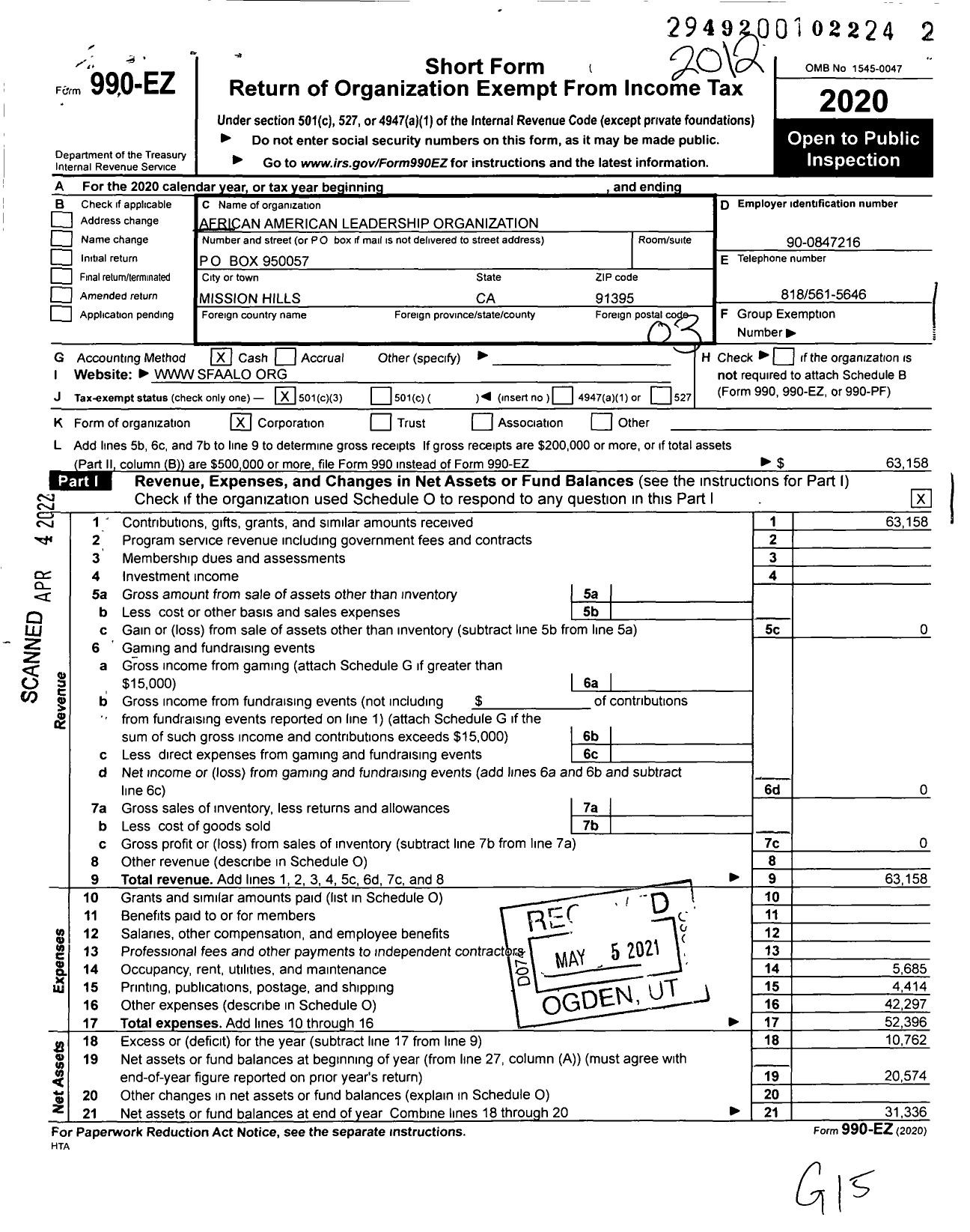 Image of first page of 2020 Form 990EZ for African American Leadership Organization