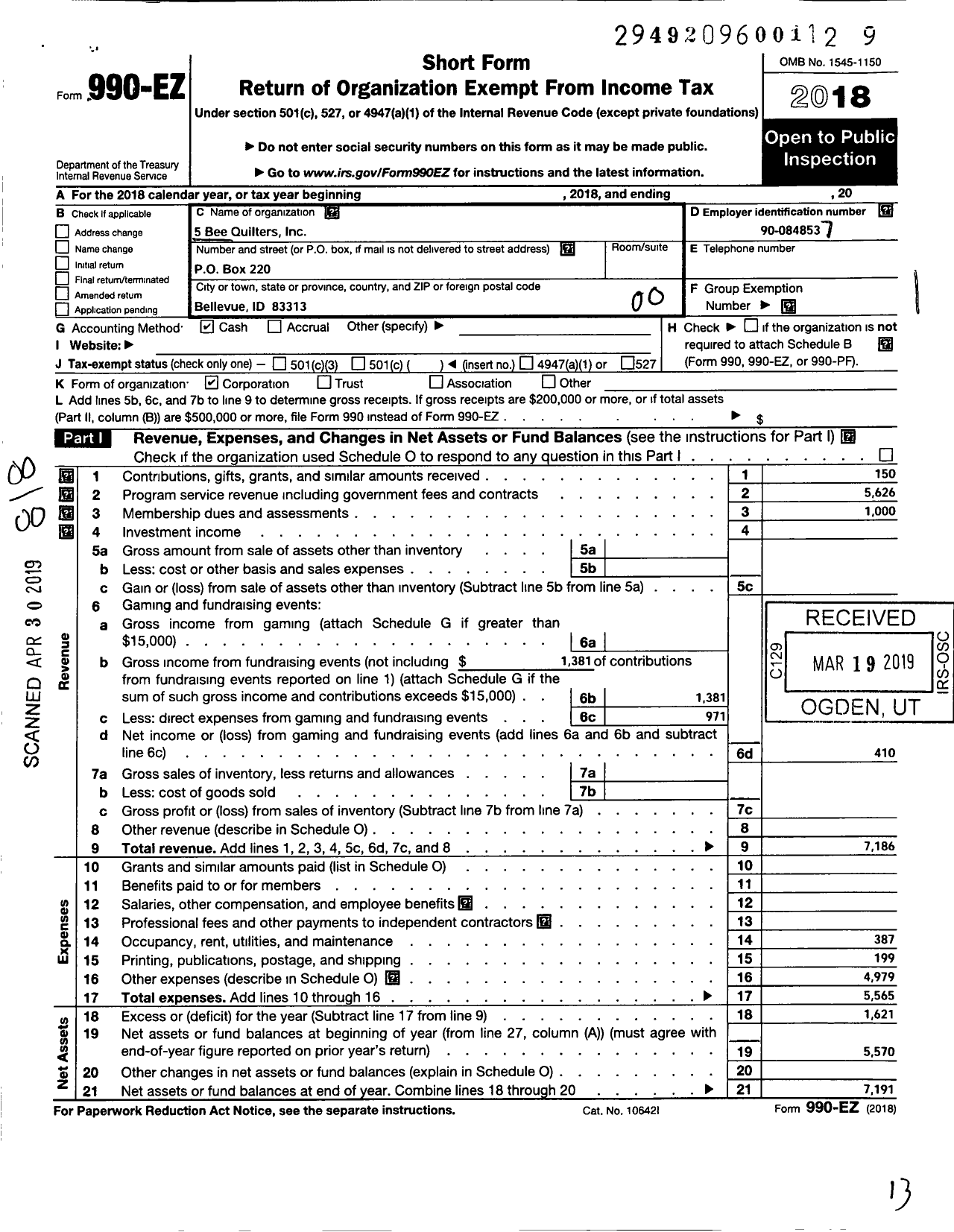 Image of first page of 2018 Form 990EO for 5 Bee Quilters